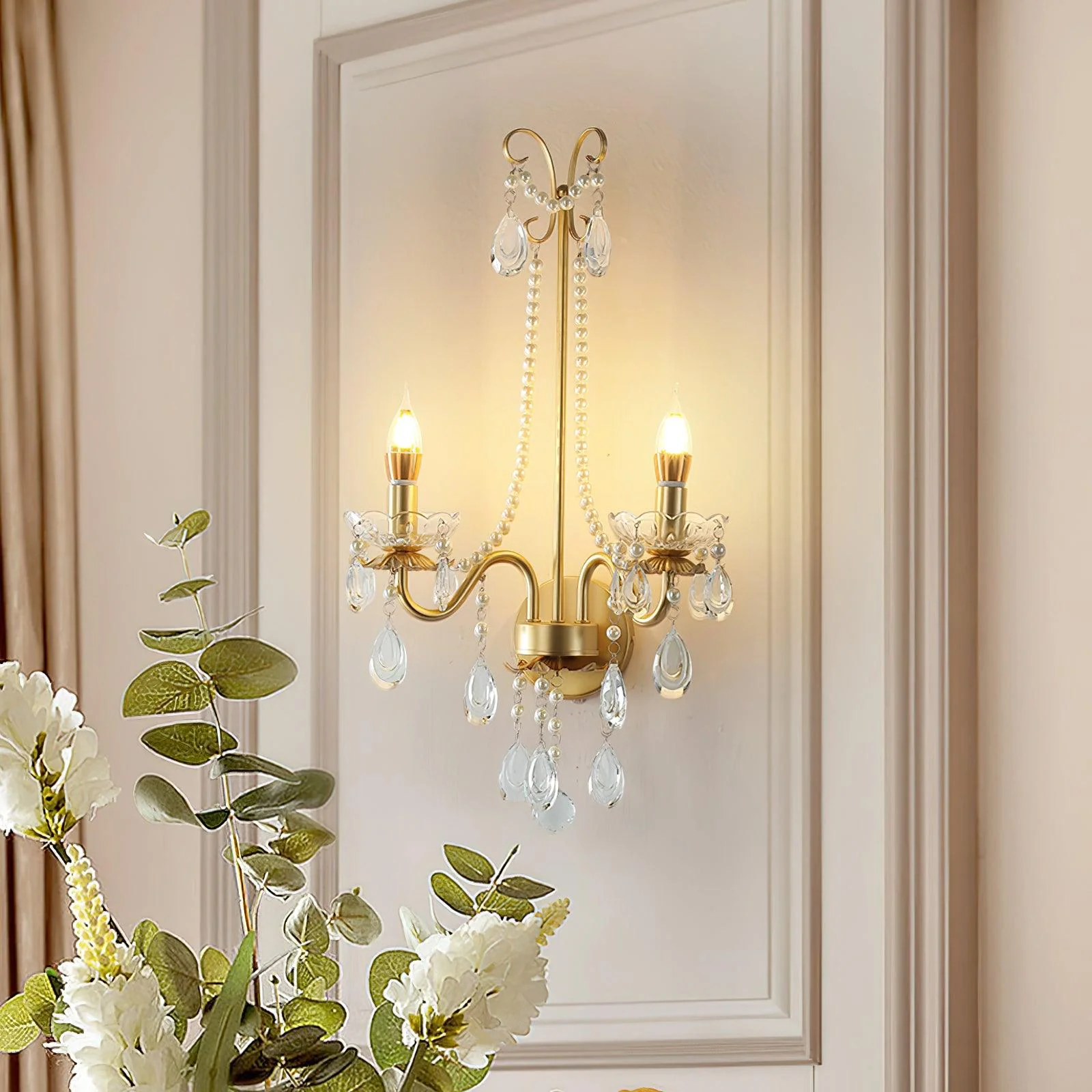 Nydoraris Elegance Pearl Chain Crystal Wall Lamp - Image 2