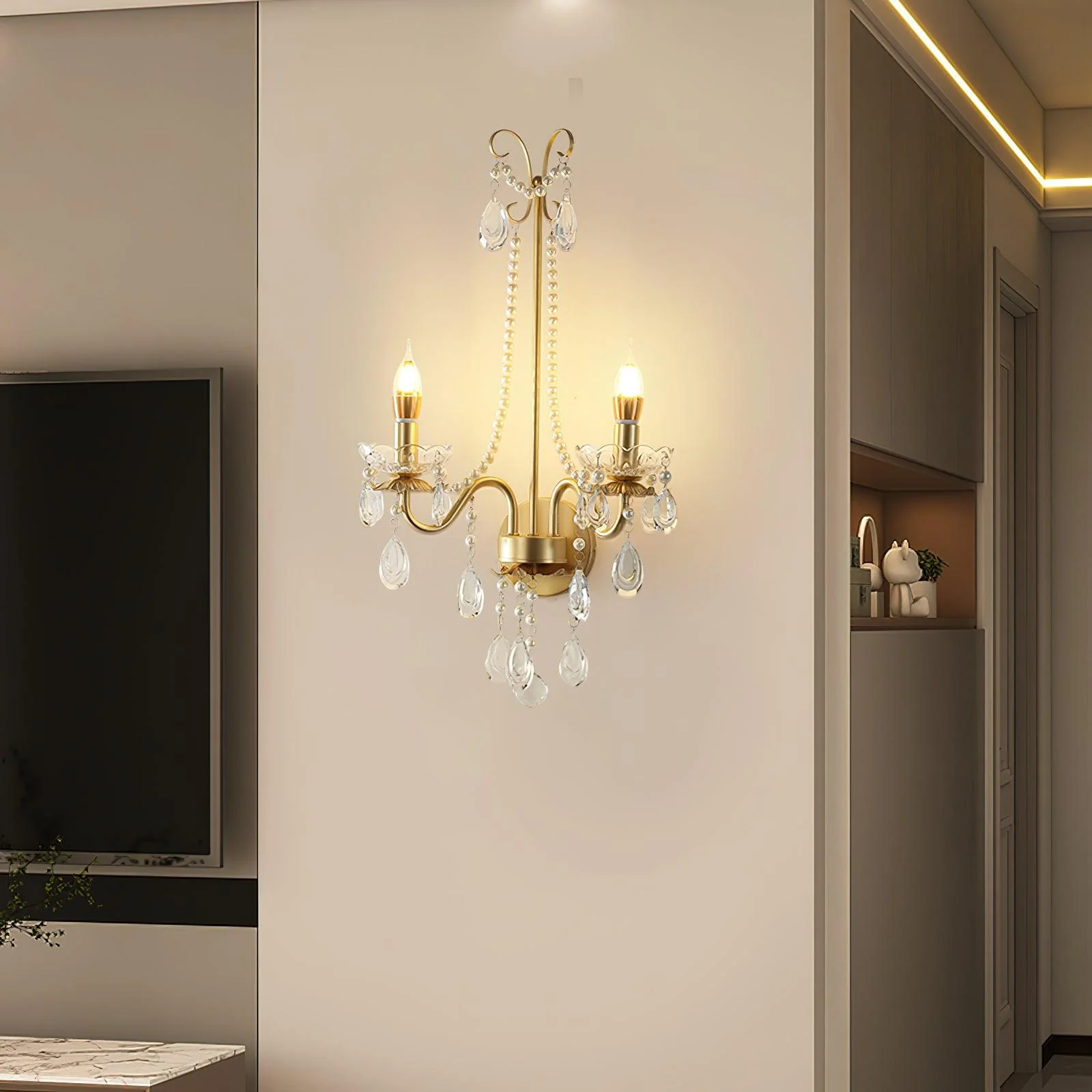 Nydoraris Elegance Pearl Chain Crystal Wall Lamp - Image 3
