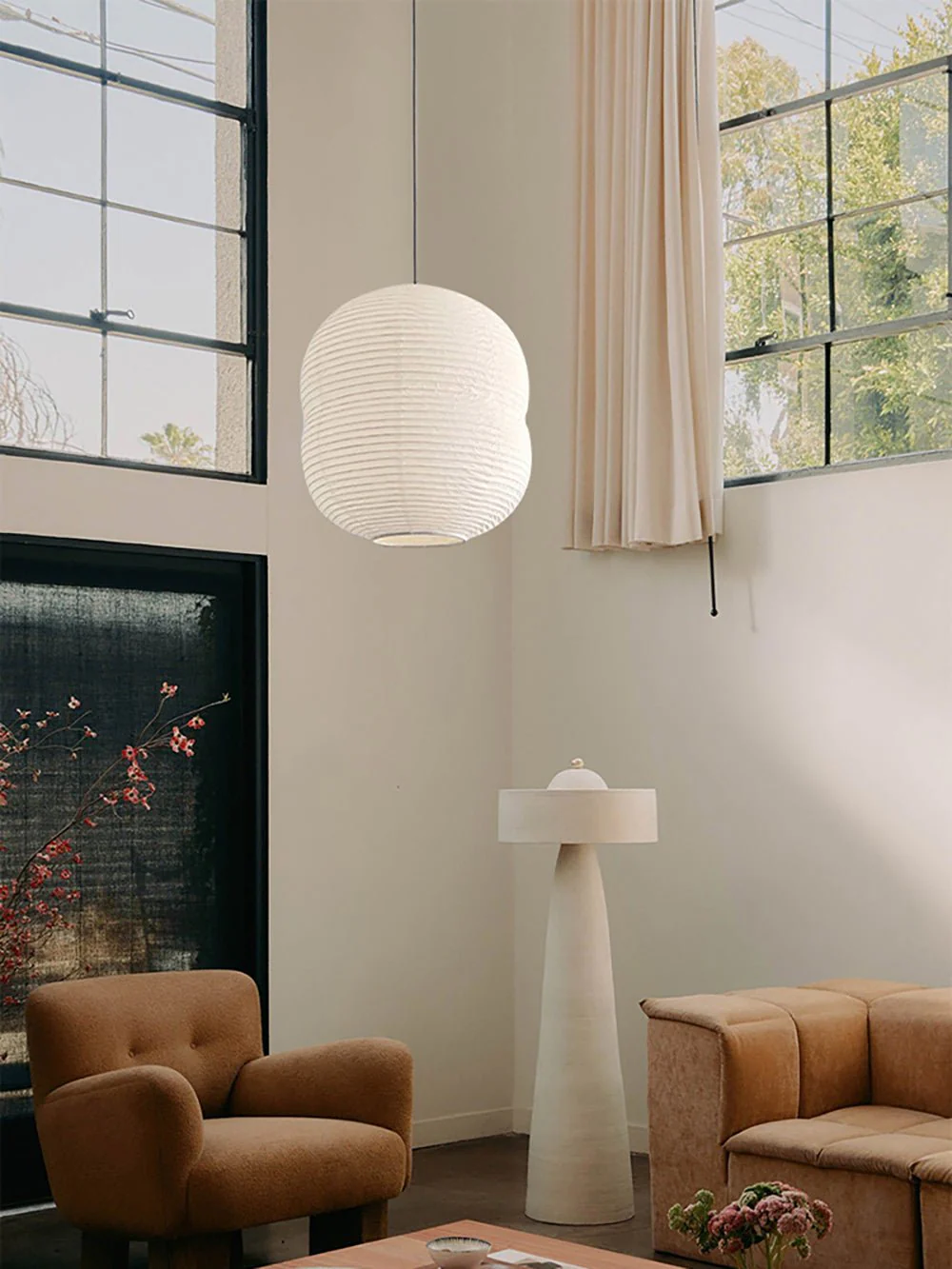 Olive Minimalist Rice Paper Pendant Light - Image 3