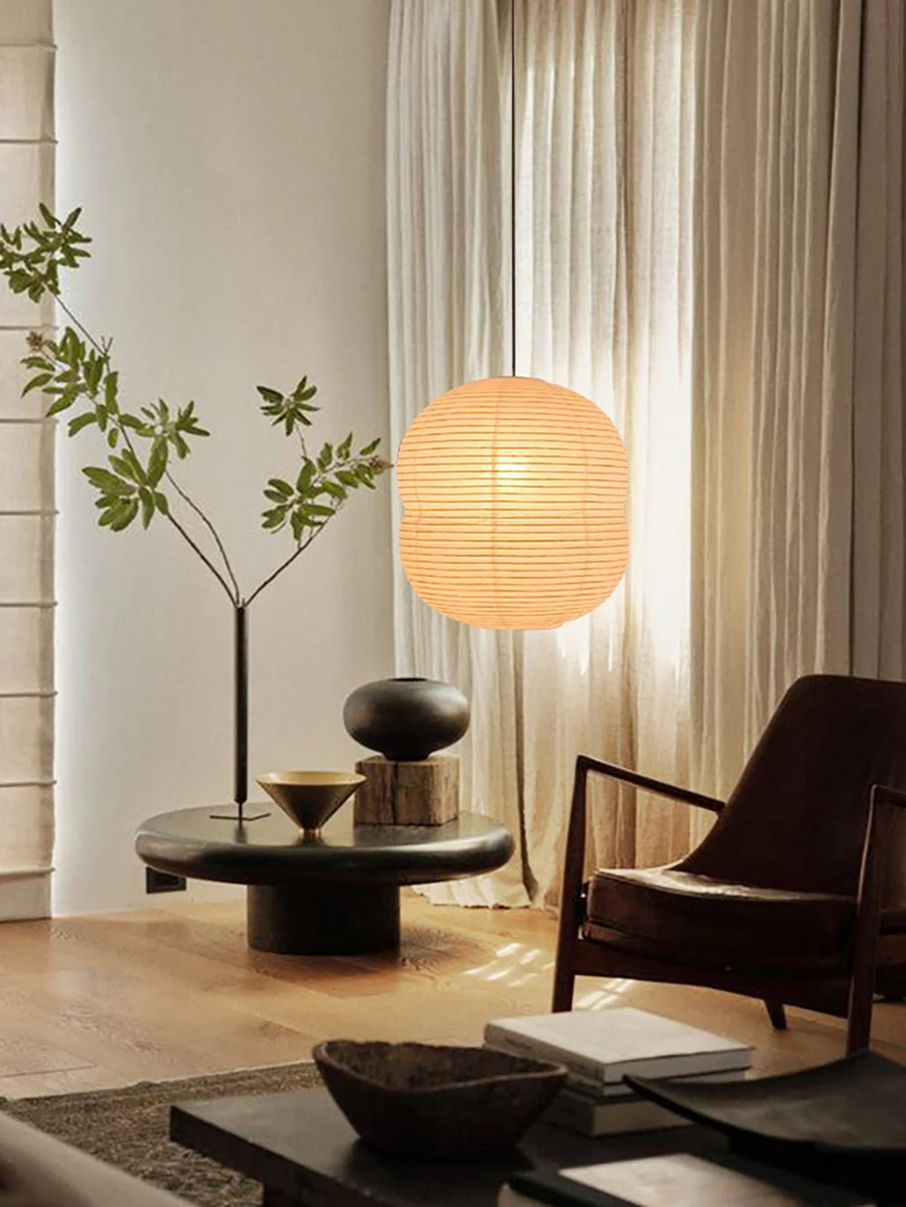 Olive Minimalist Rice Paper Pendant Light - Image 5