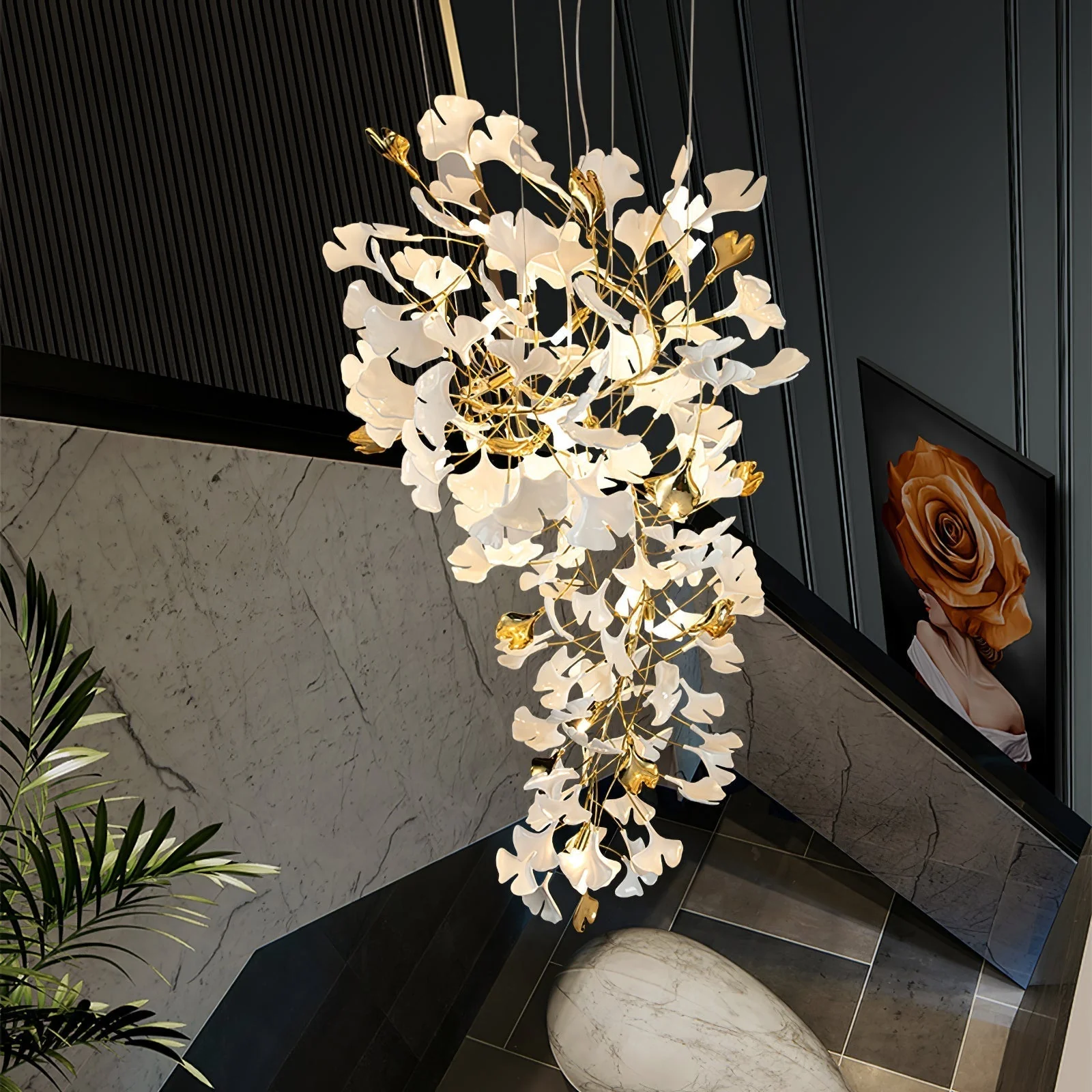 Olivia Ceramic Gingko Chandelier Luxury Hotel Staircase - Image 16