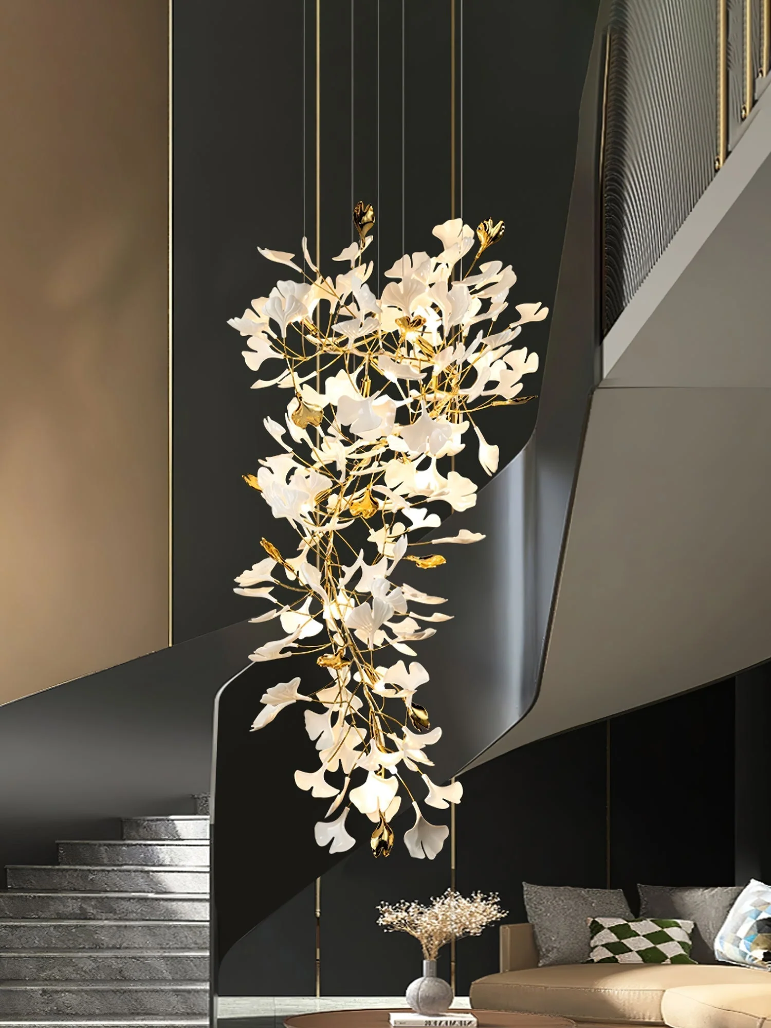 Olivia Ceramic Gingko Chandelier Luxury Hotel Staircase - Image 17
