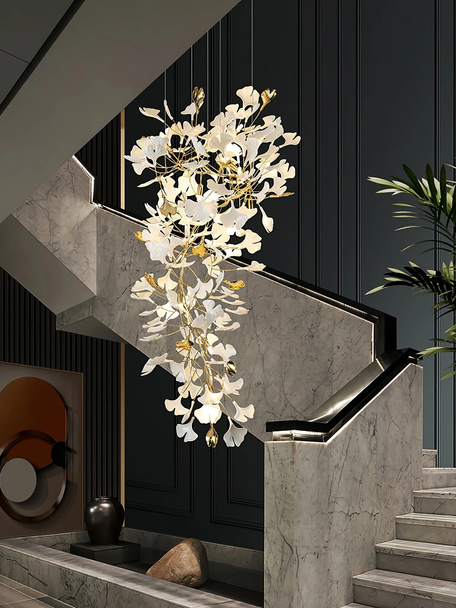 Olivia Ceramic Gingko Chandelier Luxury Hotel Staircase - Image 24