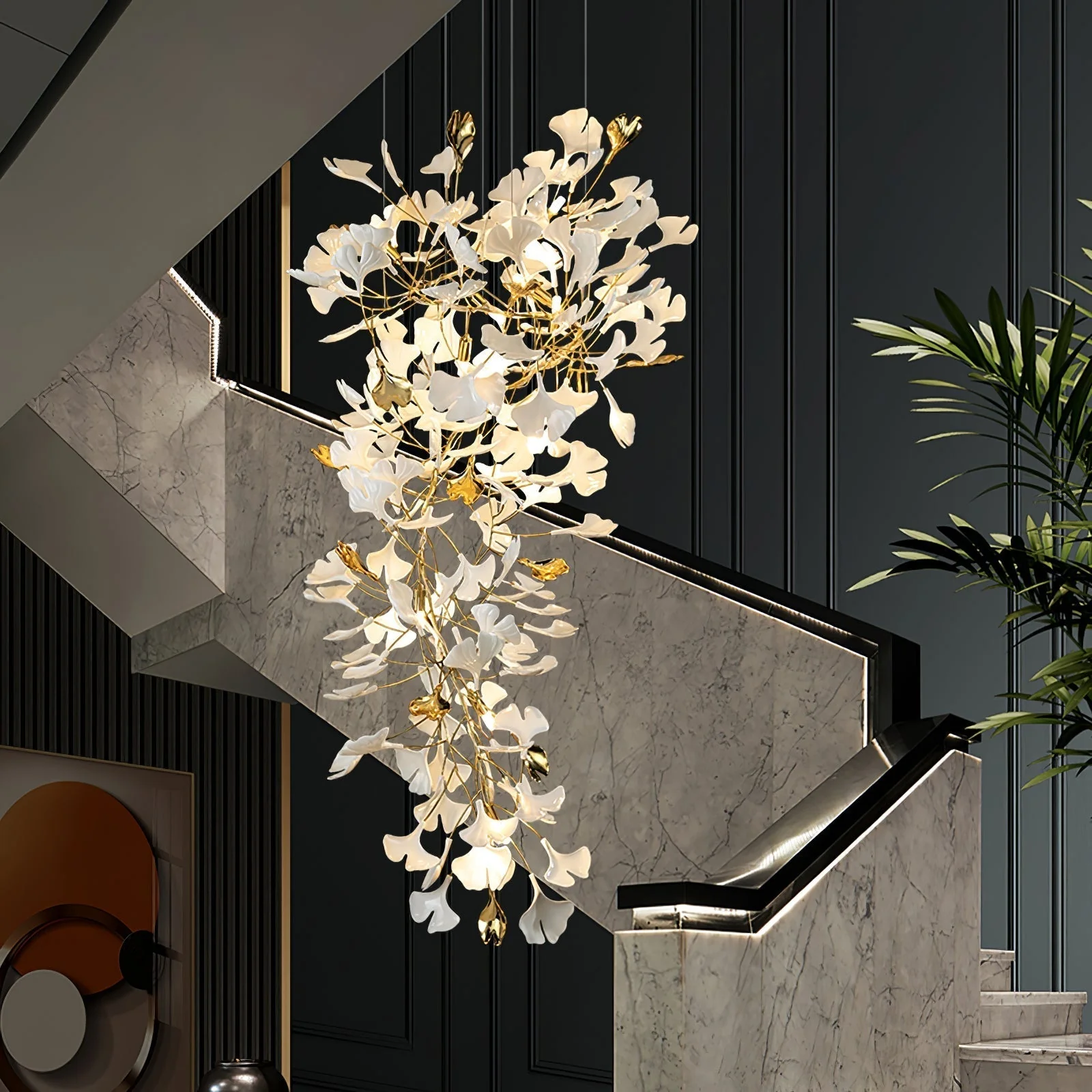 Olivia Ceramic Gingko Chandelier Luxury Hotel Staircase - Image 26