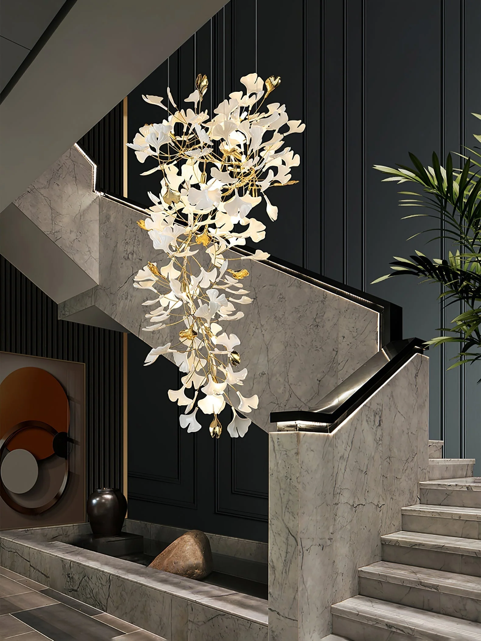Olivia Ceramic Gingko Chandelier Luxury Hotel Staircase - Image 30