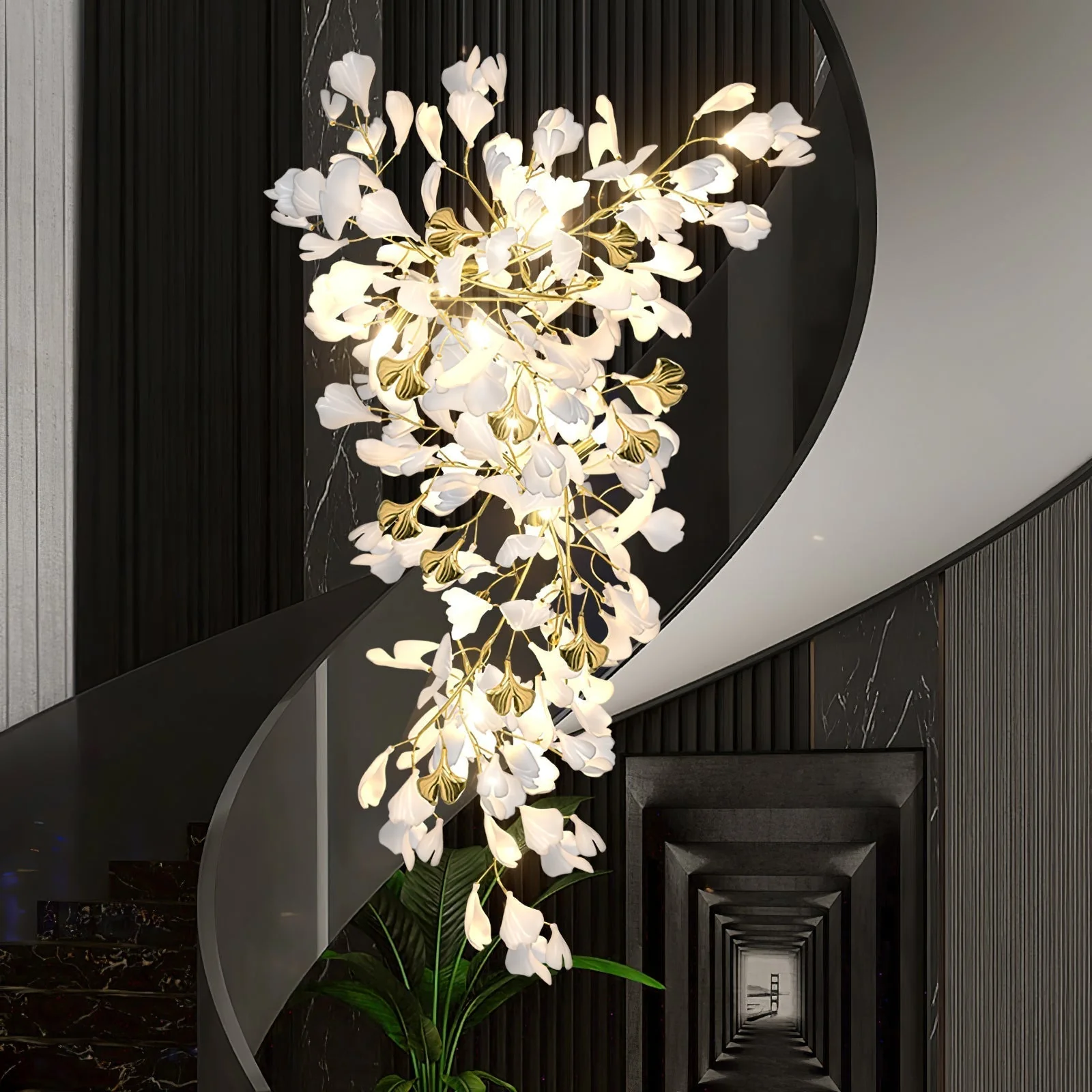 Olivia Ceramic Gingko Chandelier Luxury Hotel Staircase - Image 33