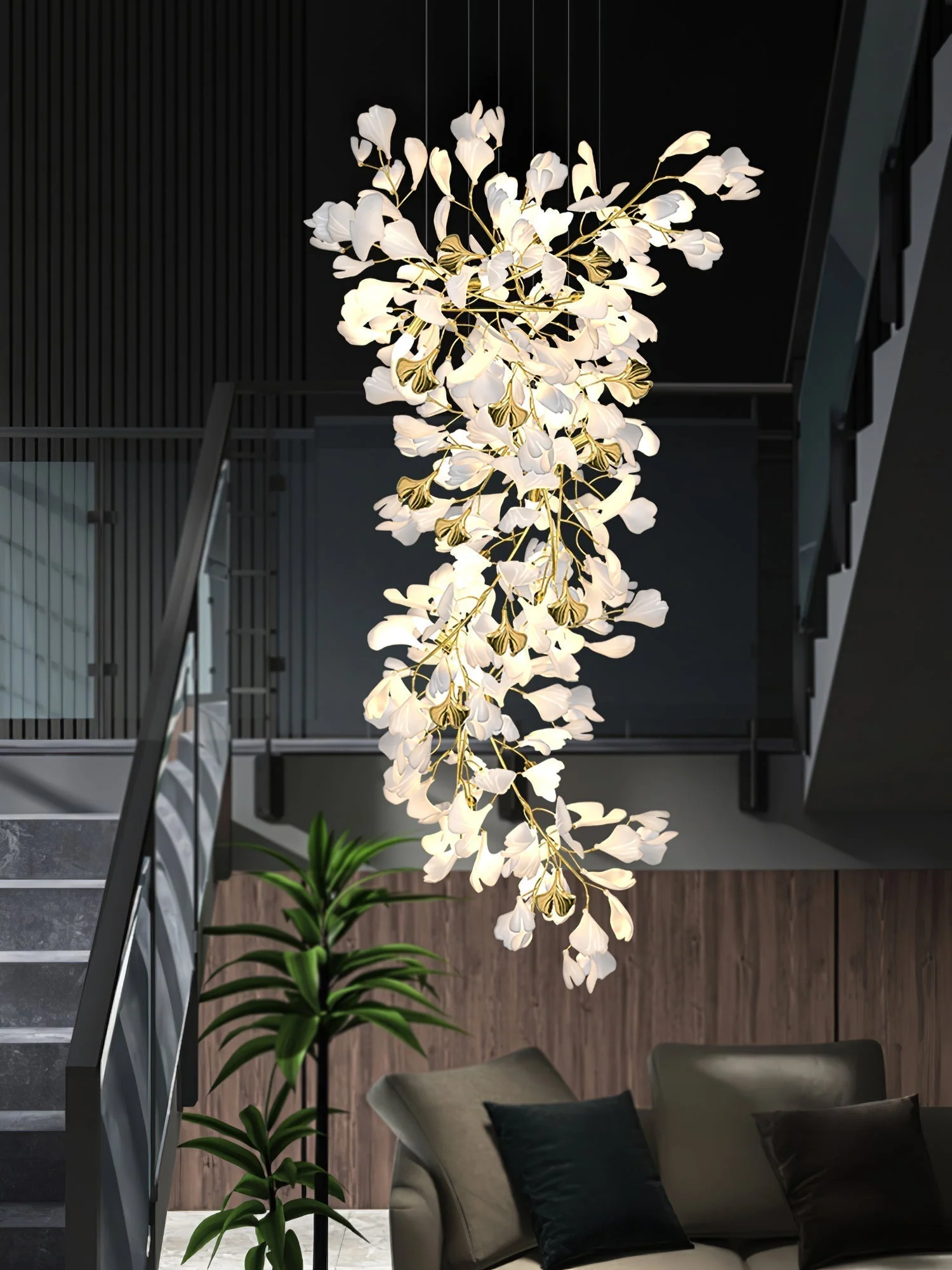 Olivia Ceramic Gingko Chandelier Luxury Hotel Staircase - Image 8