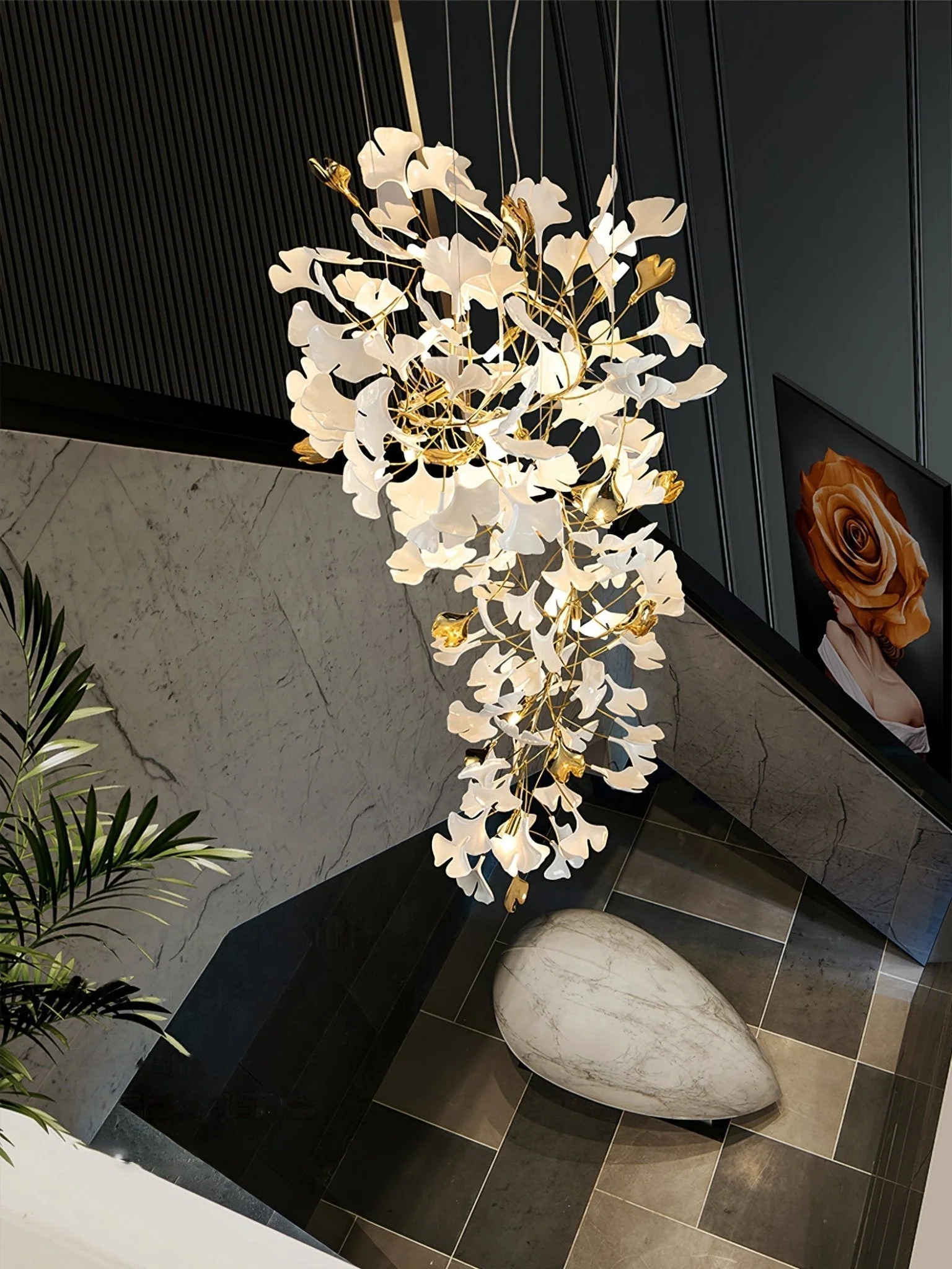 Olivia Ceramic Gingko Chandelier Luxury Hotel Staircase - Image 84