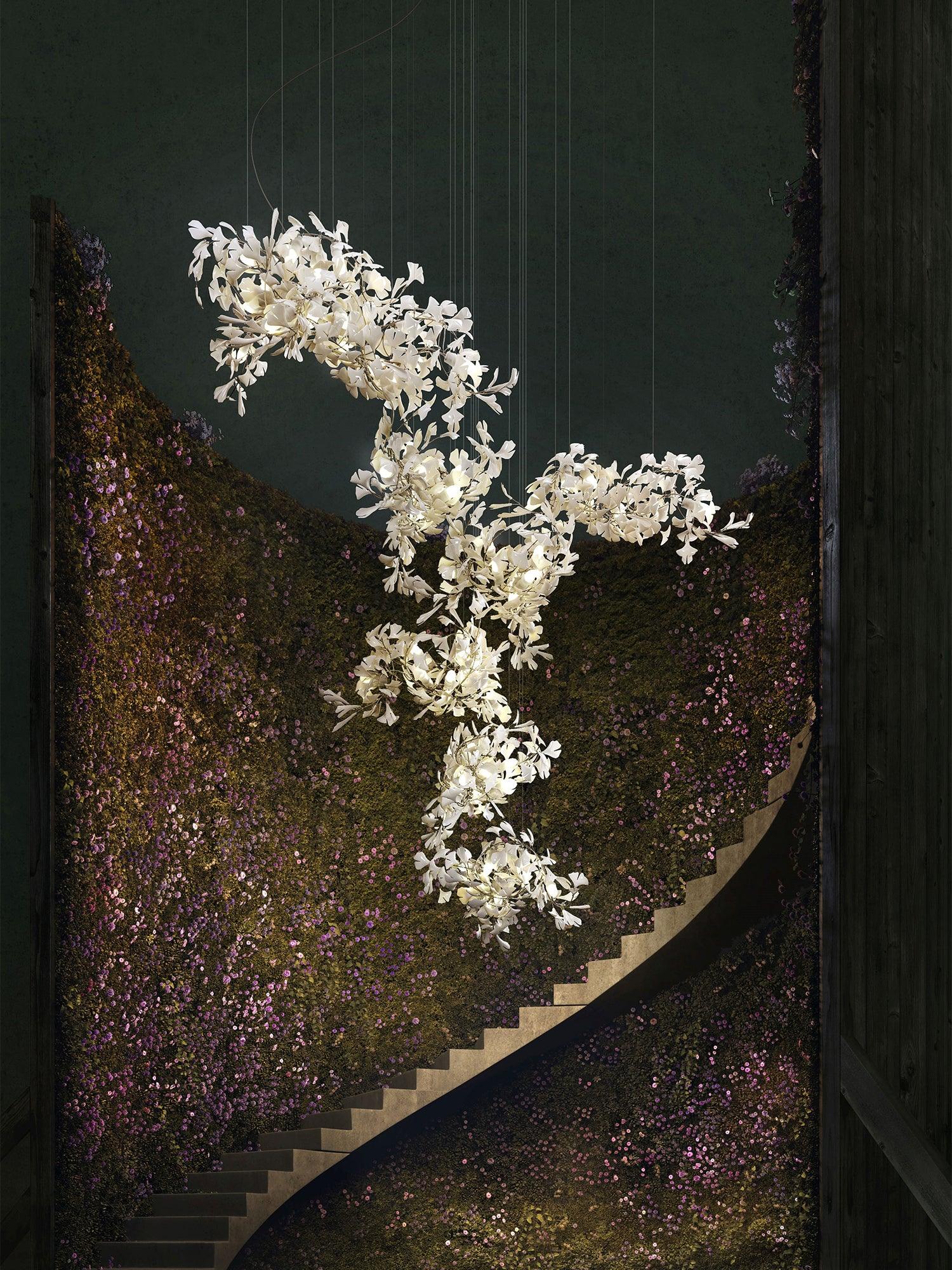 Olivia Ceramic Gingko  Cluster  Chandelier  Brass Floral - Image 21