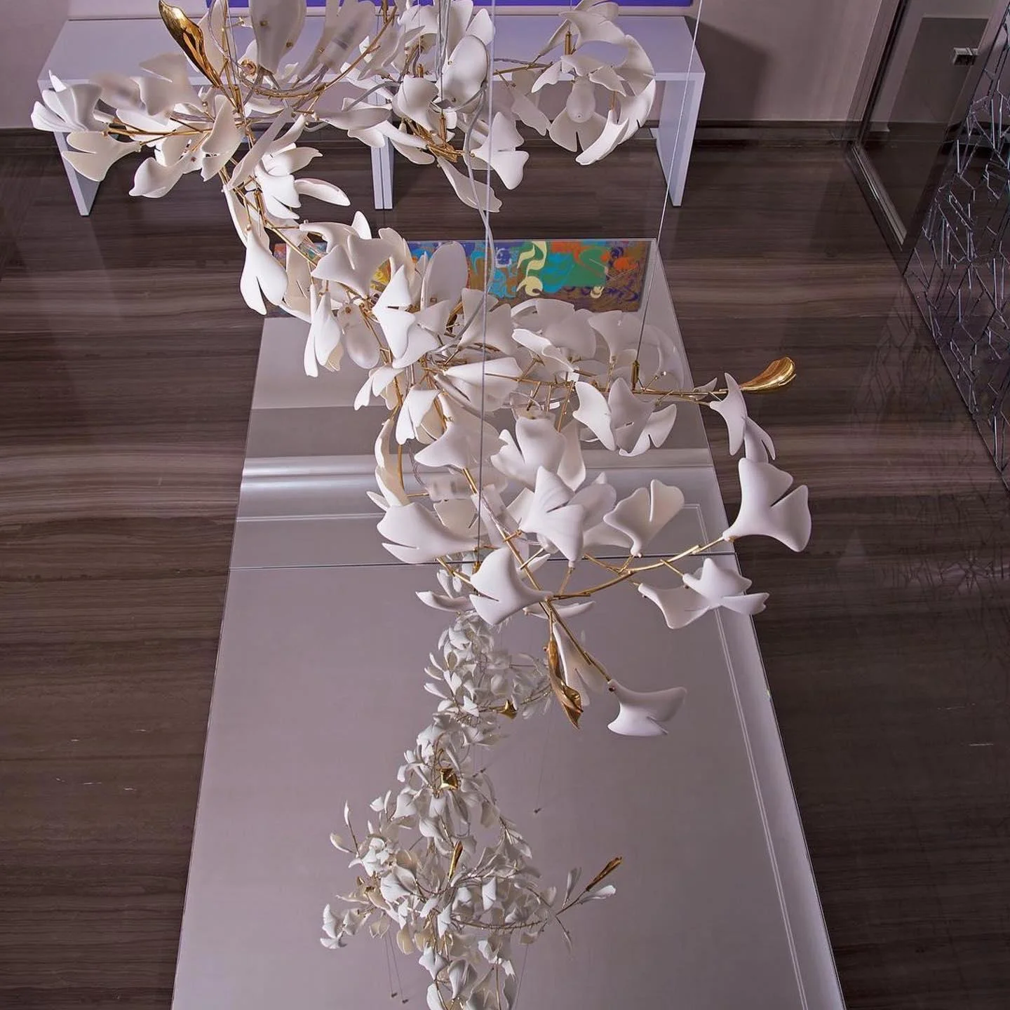 Olivia Ceramic Gingko  Cluster  Chandelier  Brass Floral - Image 6