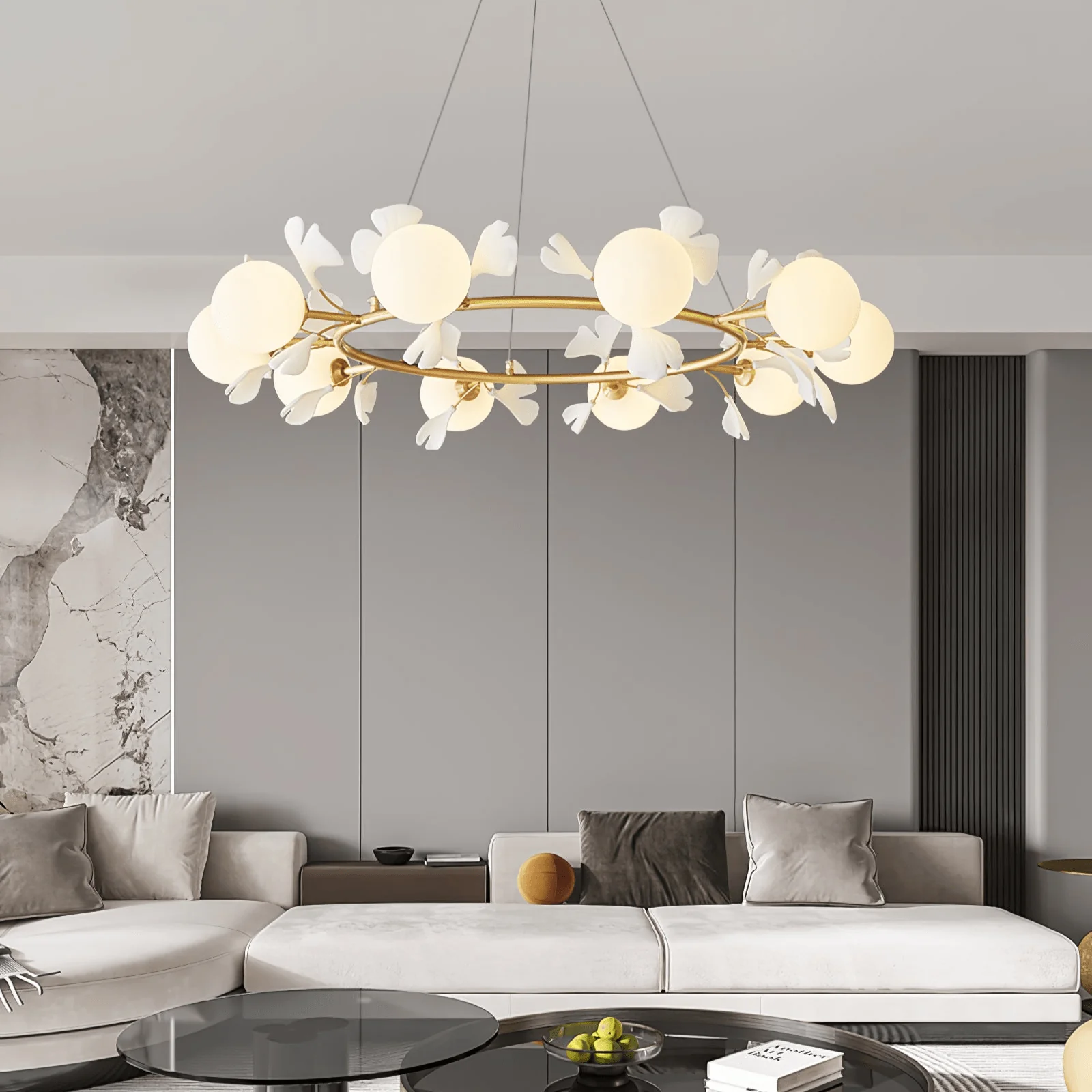 Olivia Ceramic Gingko Floral Brass Chandelier - Image 16