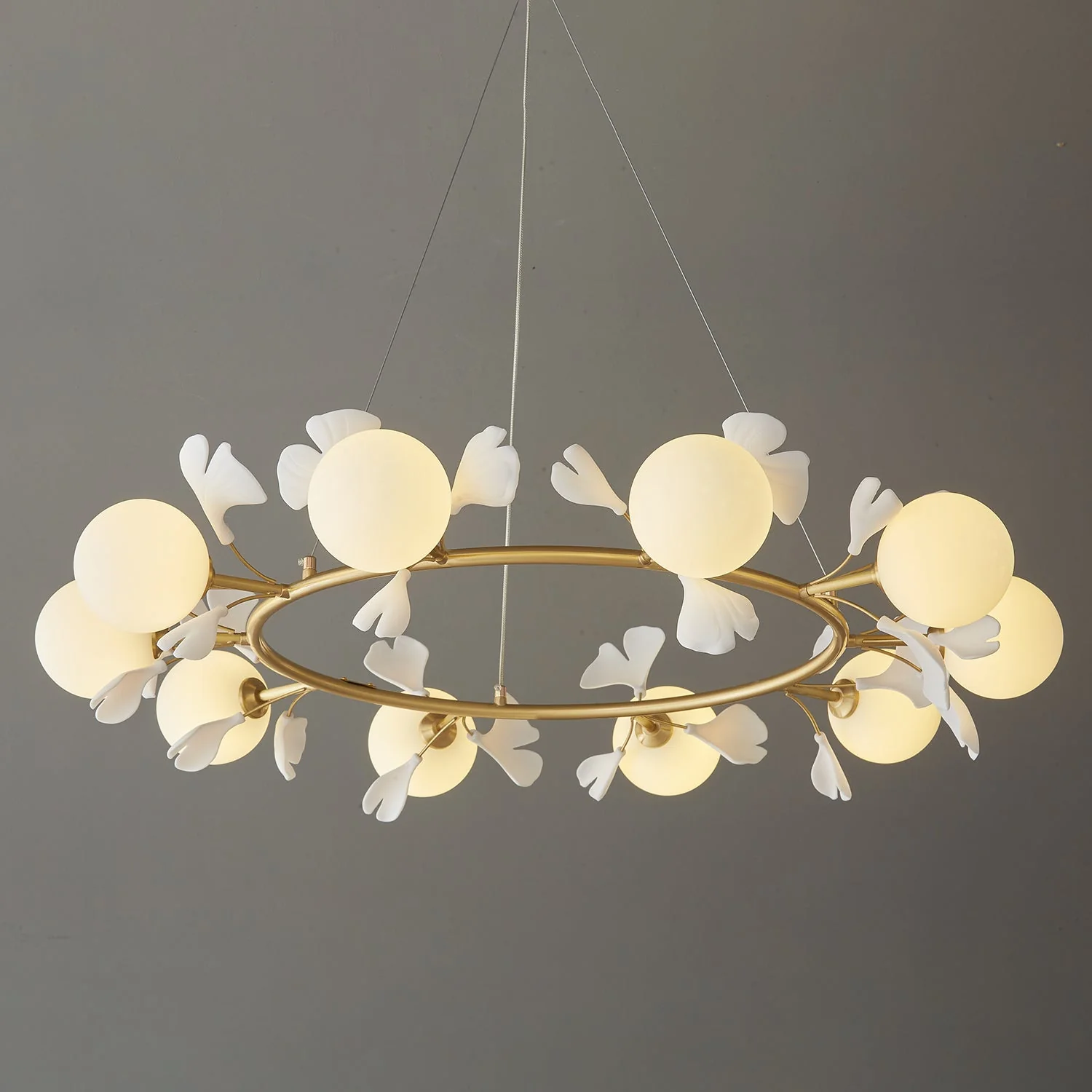 Olivia Ceramic Gingko Floral Brass Chandelier - Image 20