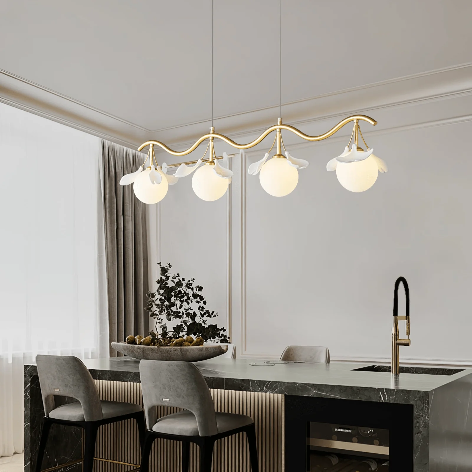 Olivia Ceramic Gingko Floral Brass Chandelier - Image 24