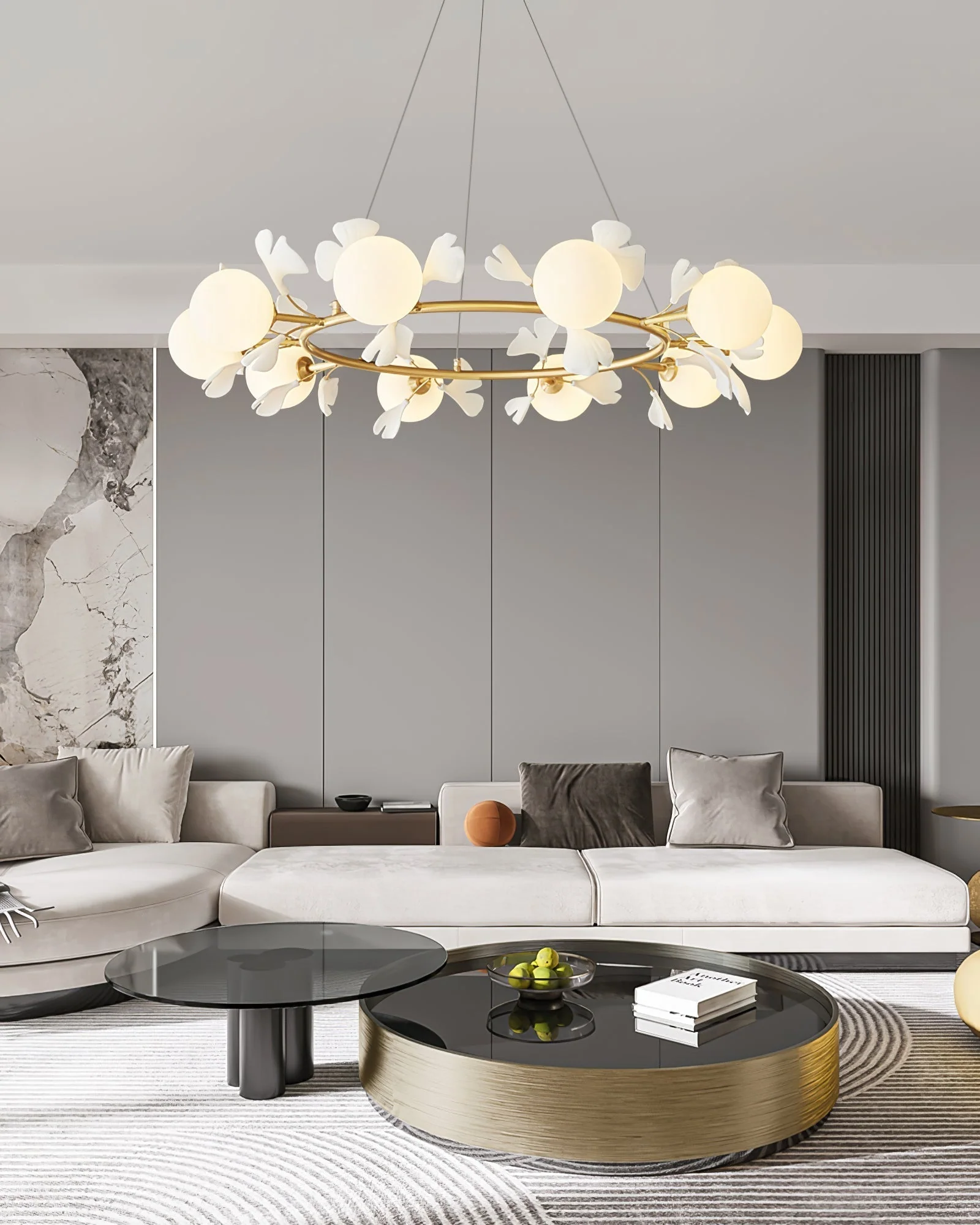 Olivia Ceramic Gingko Floral Brass Chandelier - Image 39