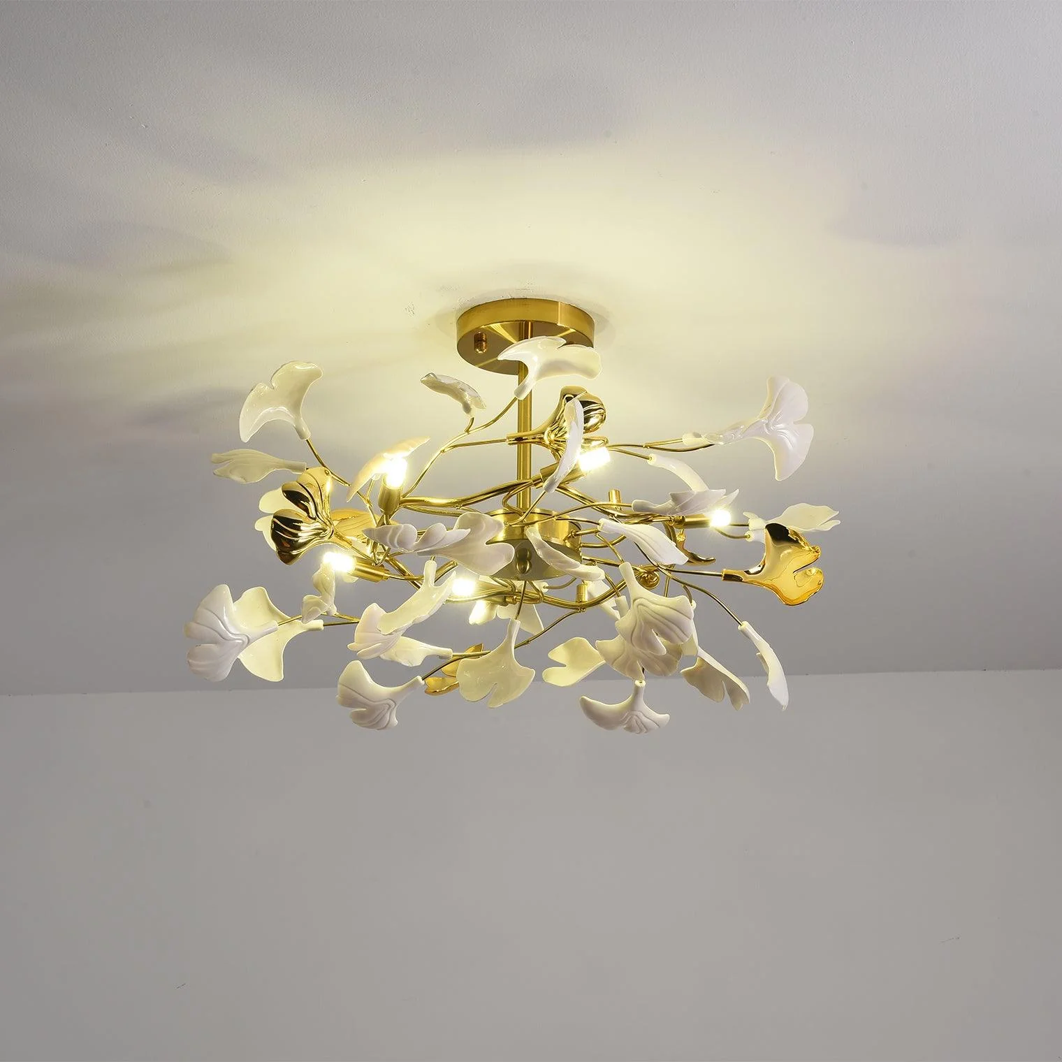 Olivia Ceramic Gingko Leaf  Ceiling Light Gold and White Leaves - Image 14