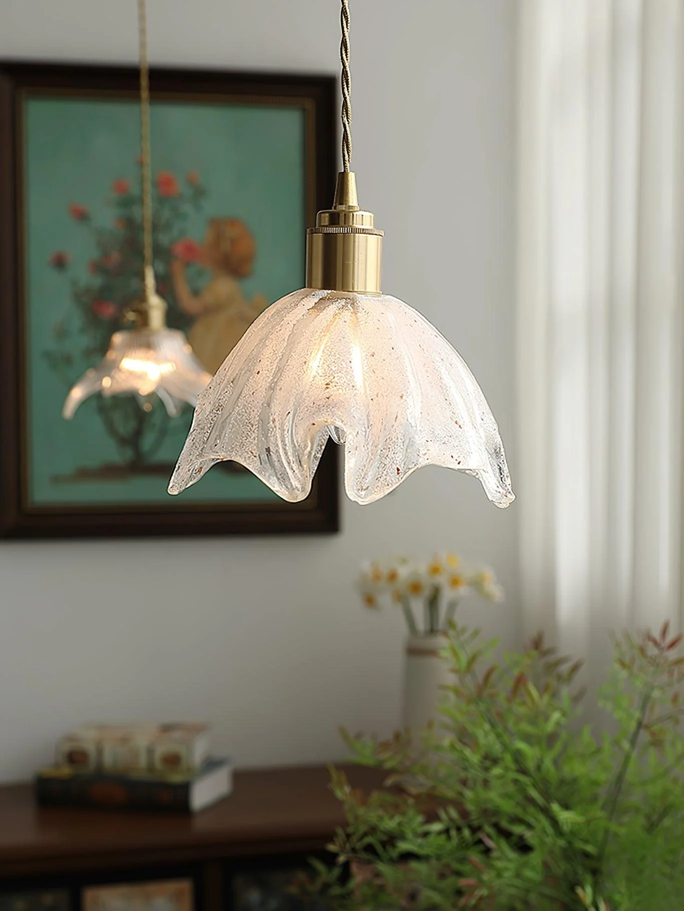 Solara Pendant Lamp Brass Ruffled Glass Lotus Vintage - Image 14