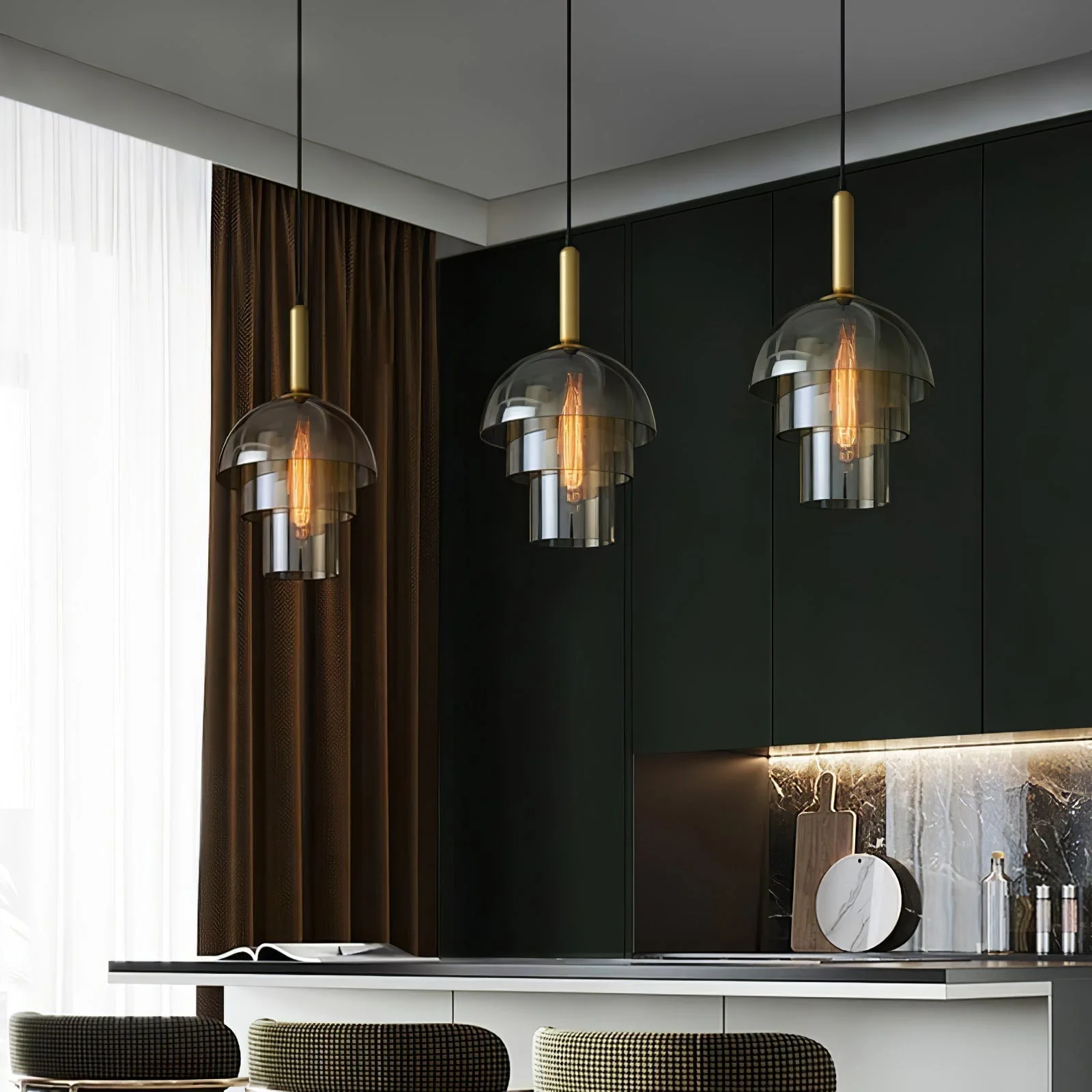 Solara Pendant Lamp Glass Cognac Dome Brass Mid Century - Image 13