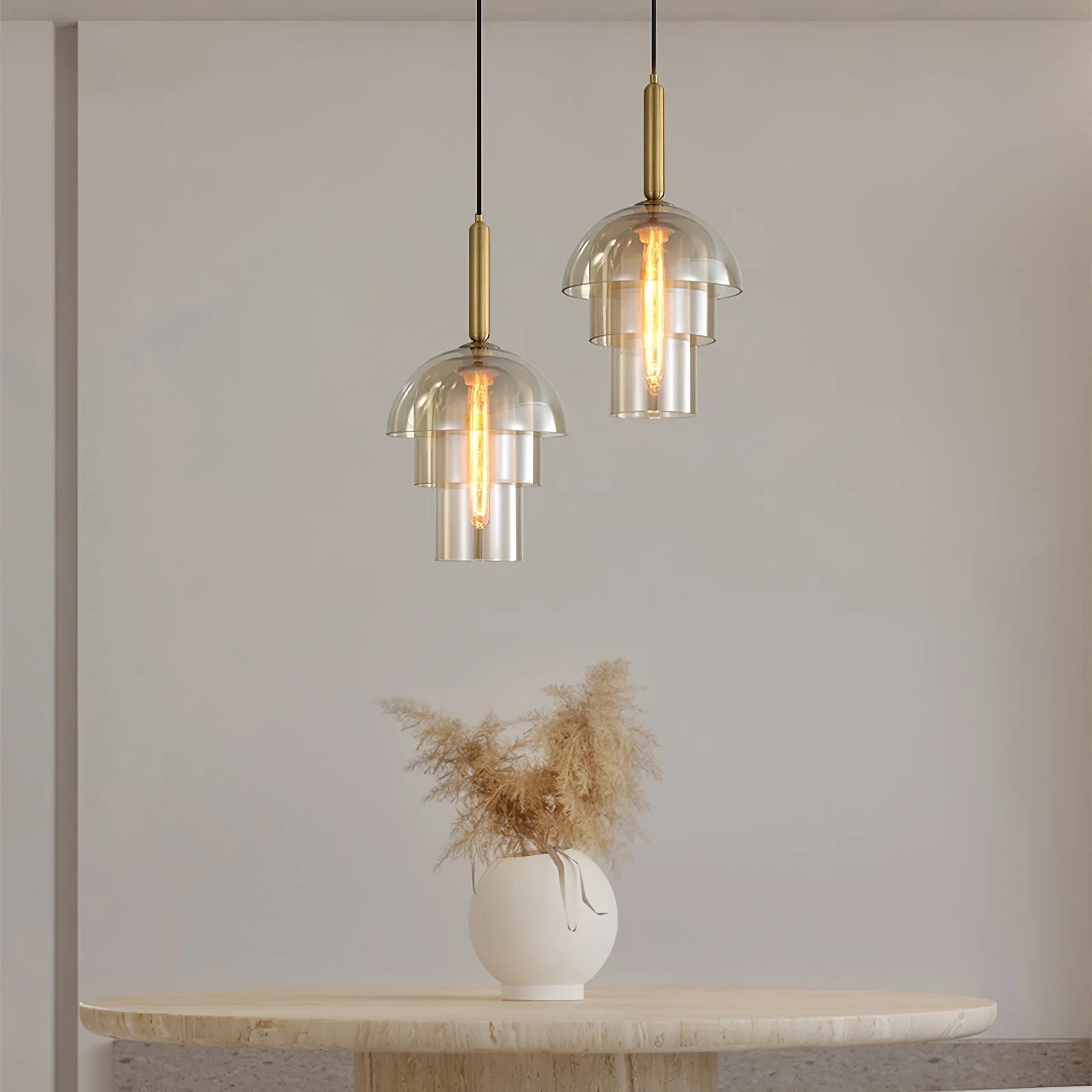 Solara Pendant Lamp Glass Cognac Dome Brass Mid Century - Image 16