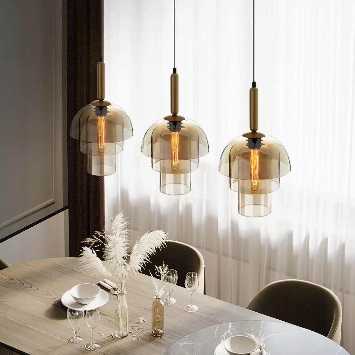 Solara Pendant Lamp Glass Cognac Dome Brass Mid Century - Image 27