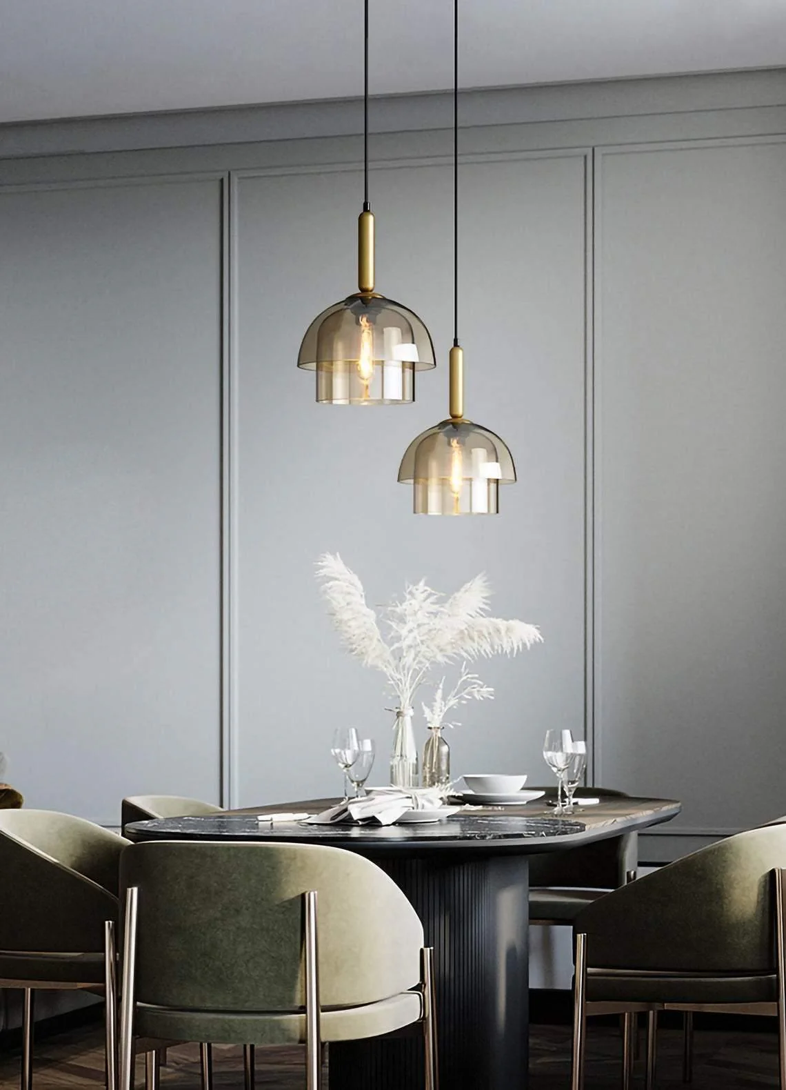 Solara Pendant Lamp Glass Cognac Dome Brass Mid Century - Image 30