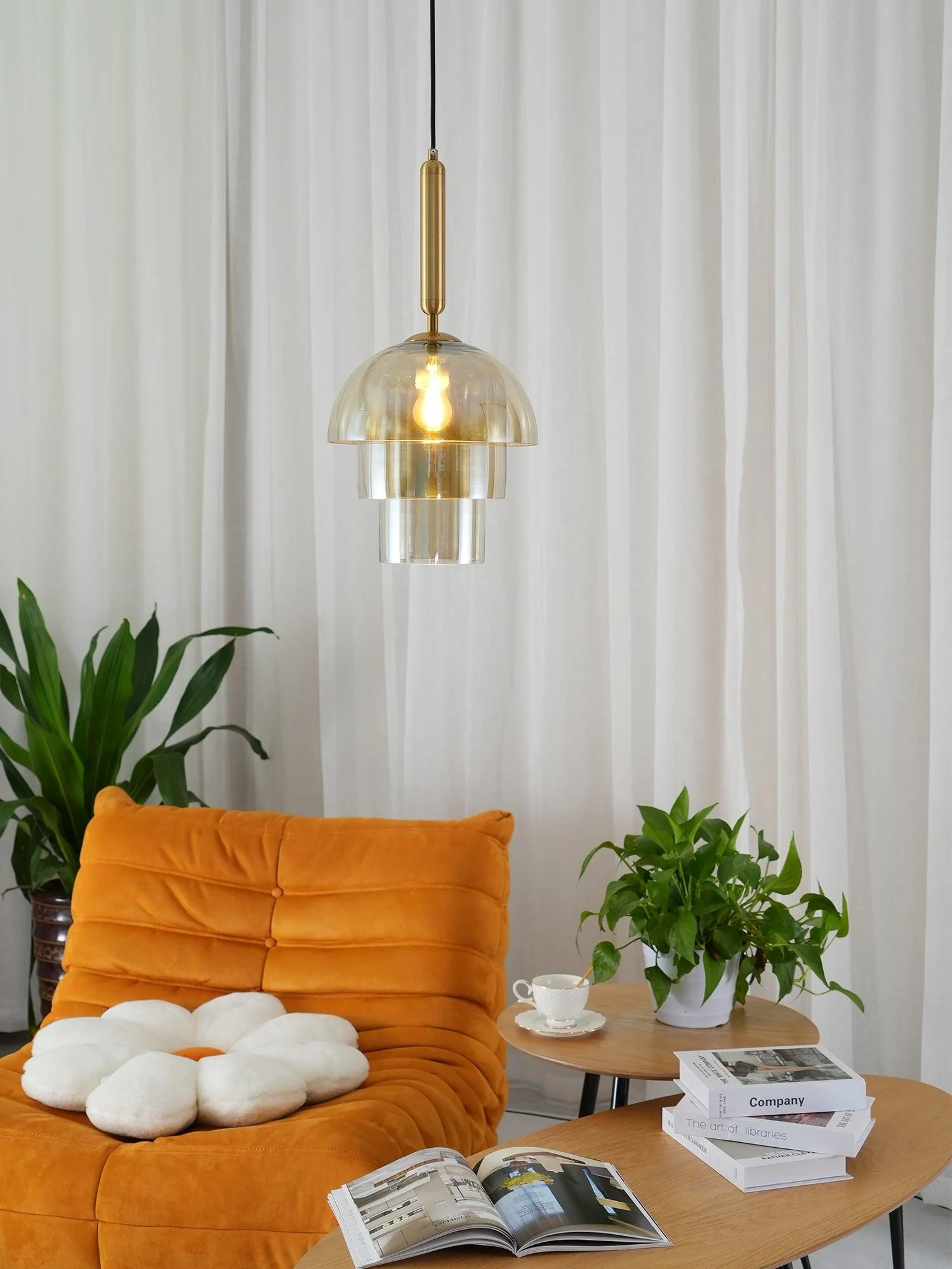 Solara Pendant Lamp Glass Cognac Dome Brass Mid Century - Image 33