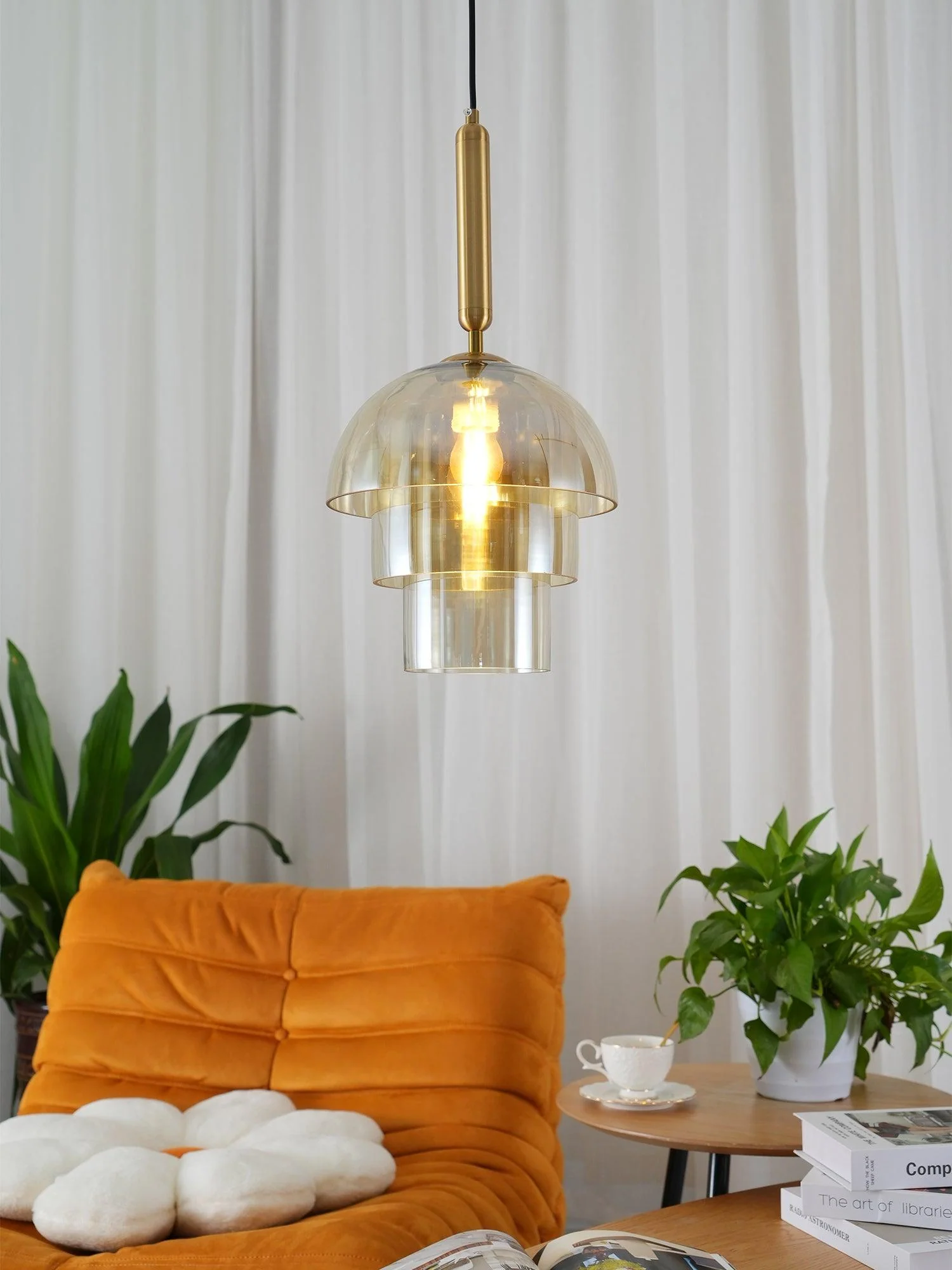 Solara Pendant Lamp Glass Cognac Dome Brass Mid Century - Image 35