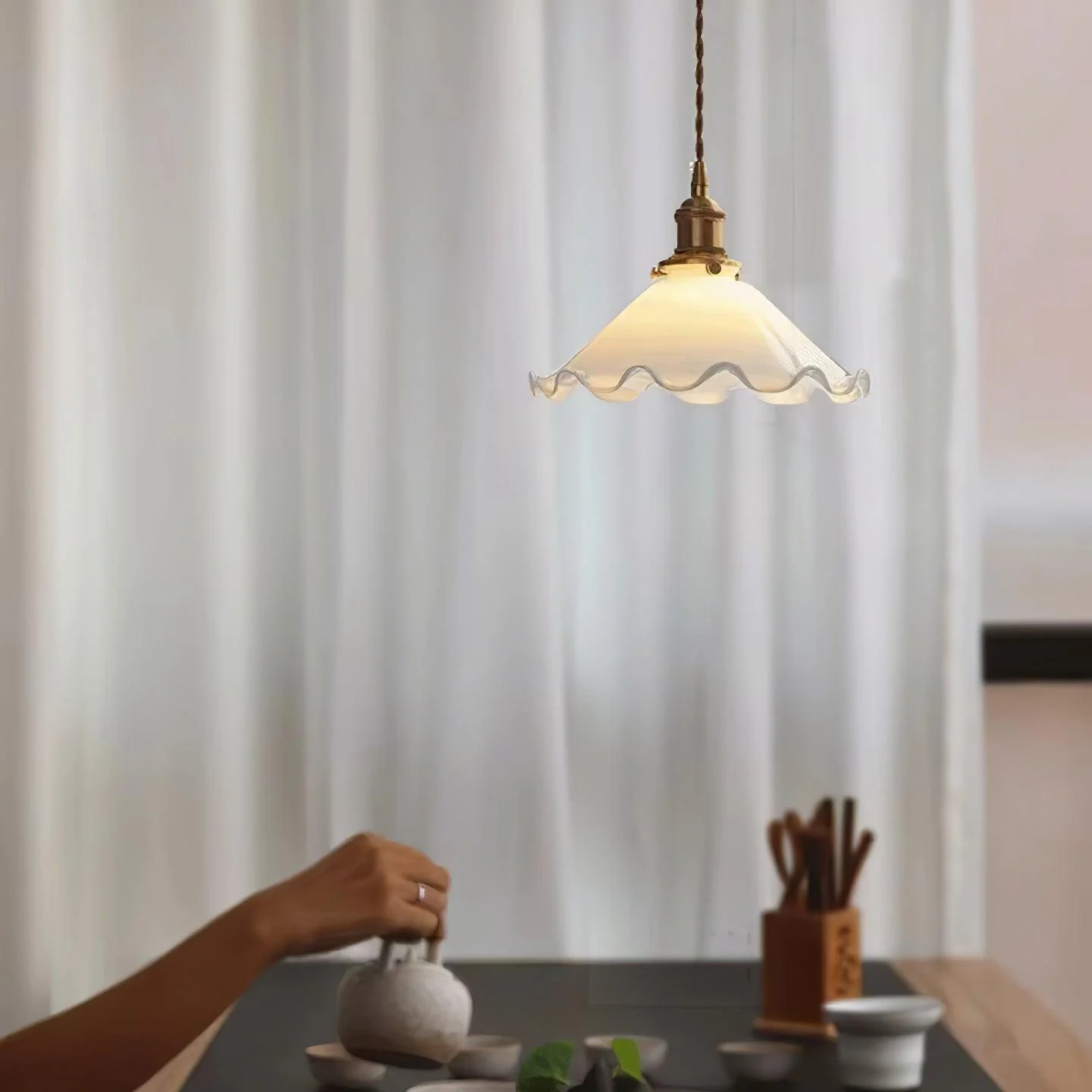 Solara Pendant Lamp Glass Wavy Shade Vintage Living Room - Image 6