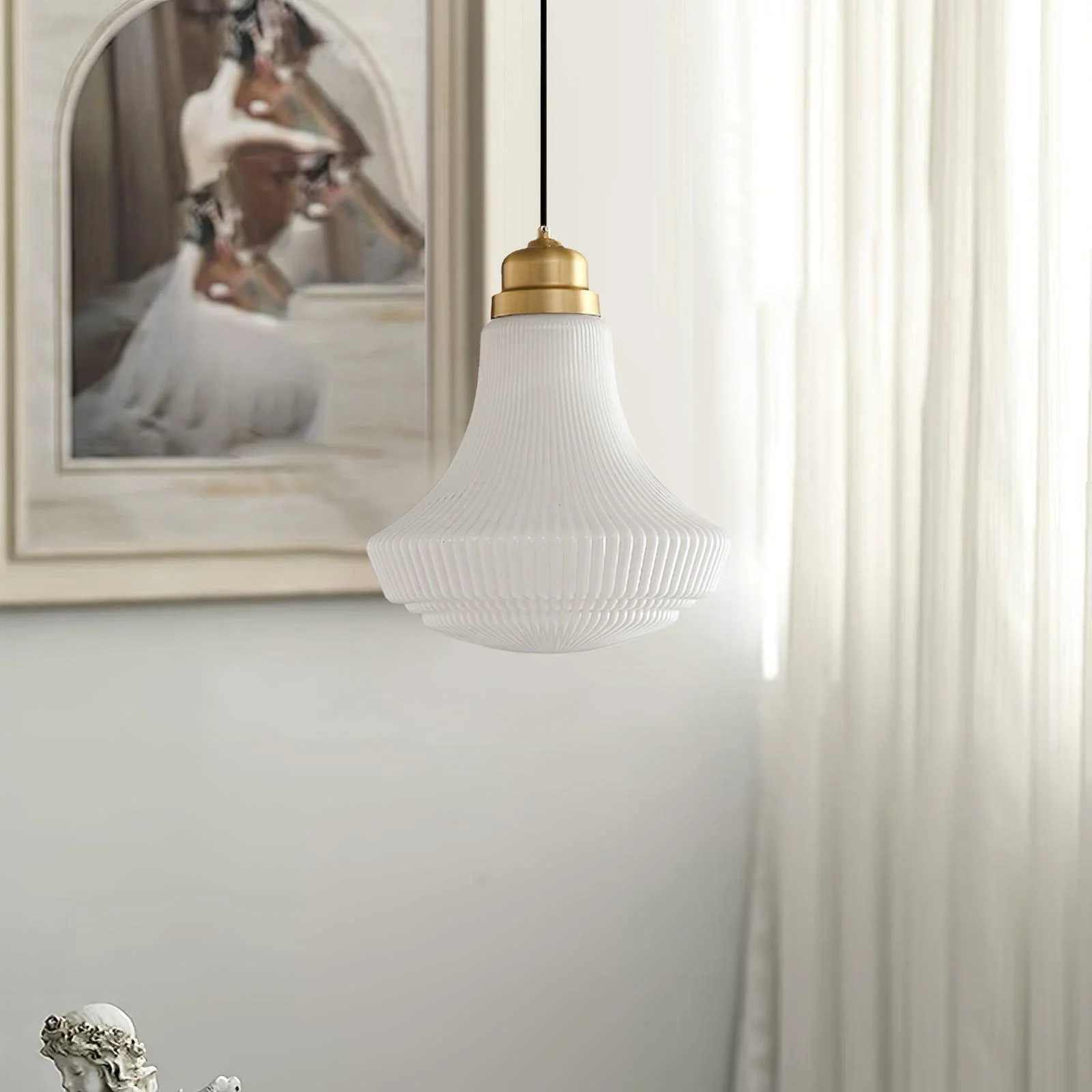 Solara Pendant Lamp Opal Glass Ribbed Bell Brass Vintage - Image 12