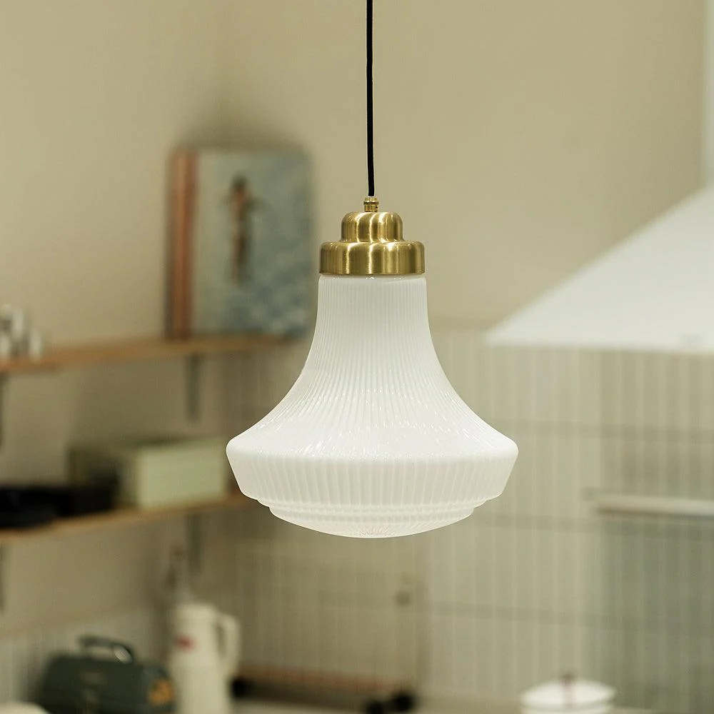 Solara Pendant Lamp Opal Glass Ribbed Bell Brass Vintage - Image 14
