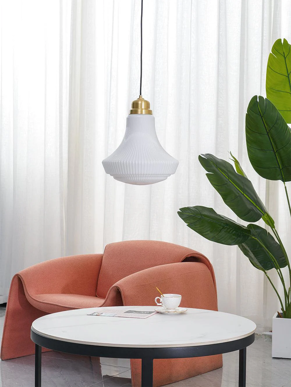 Solara Pendant Lamp Opal Glass Ribbed Bell Brass Vintage - Image 16