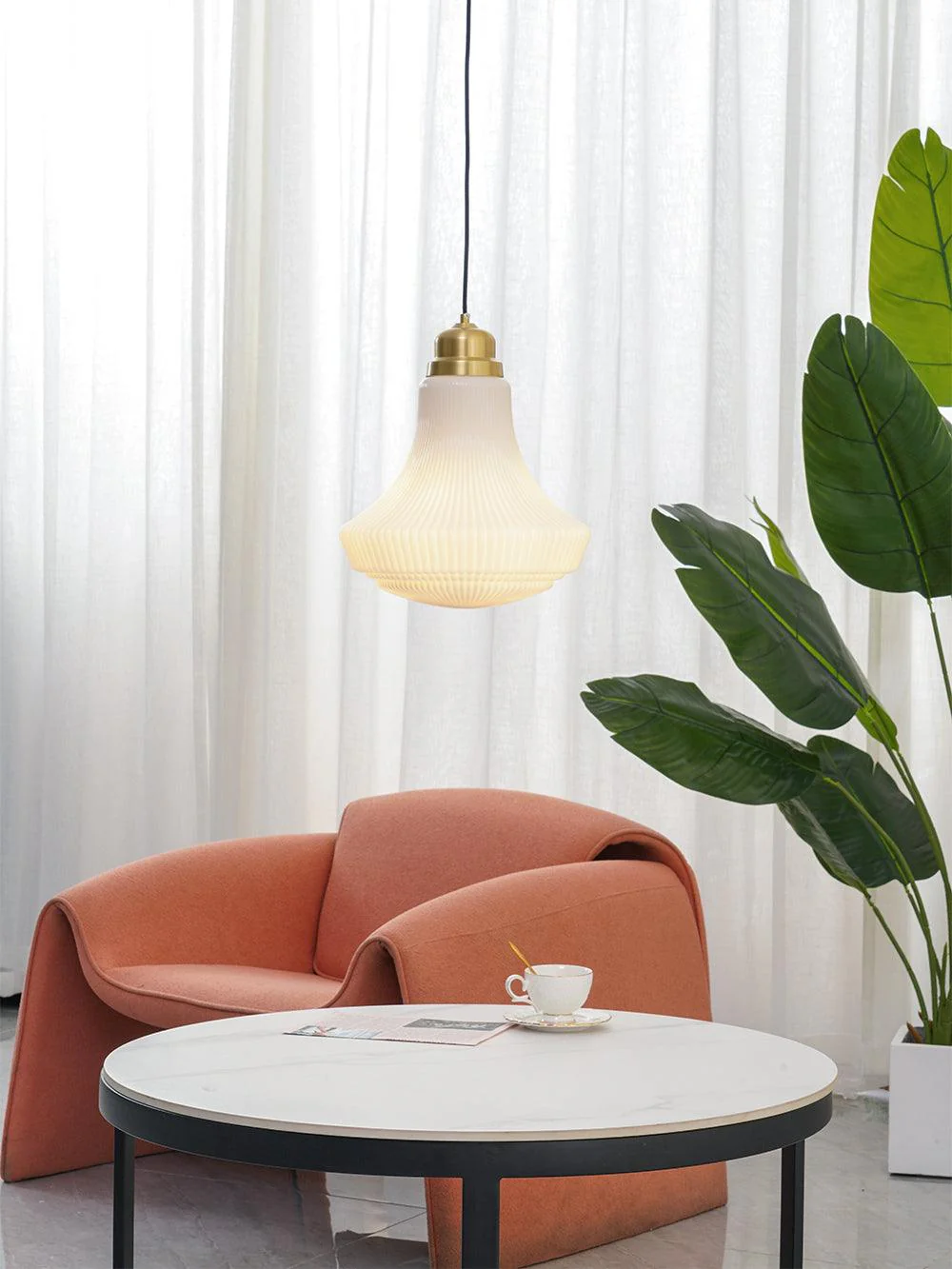 Solara Pendant Lamp Opal Glass Ribbed Bell Brass Vintage - Image 17