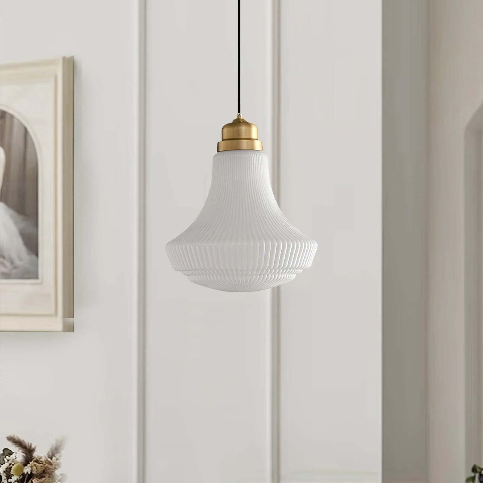 Solara Pendant Lamp Opal Glass Ribbed Bell Brass Vintage - Image 18