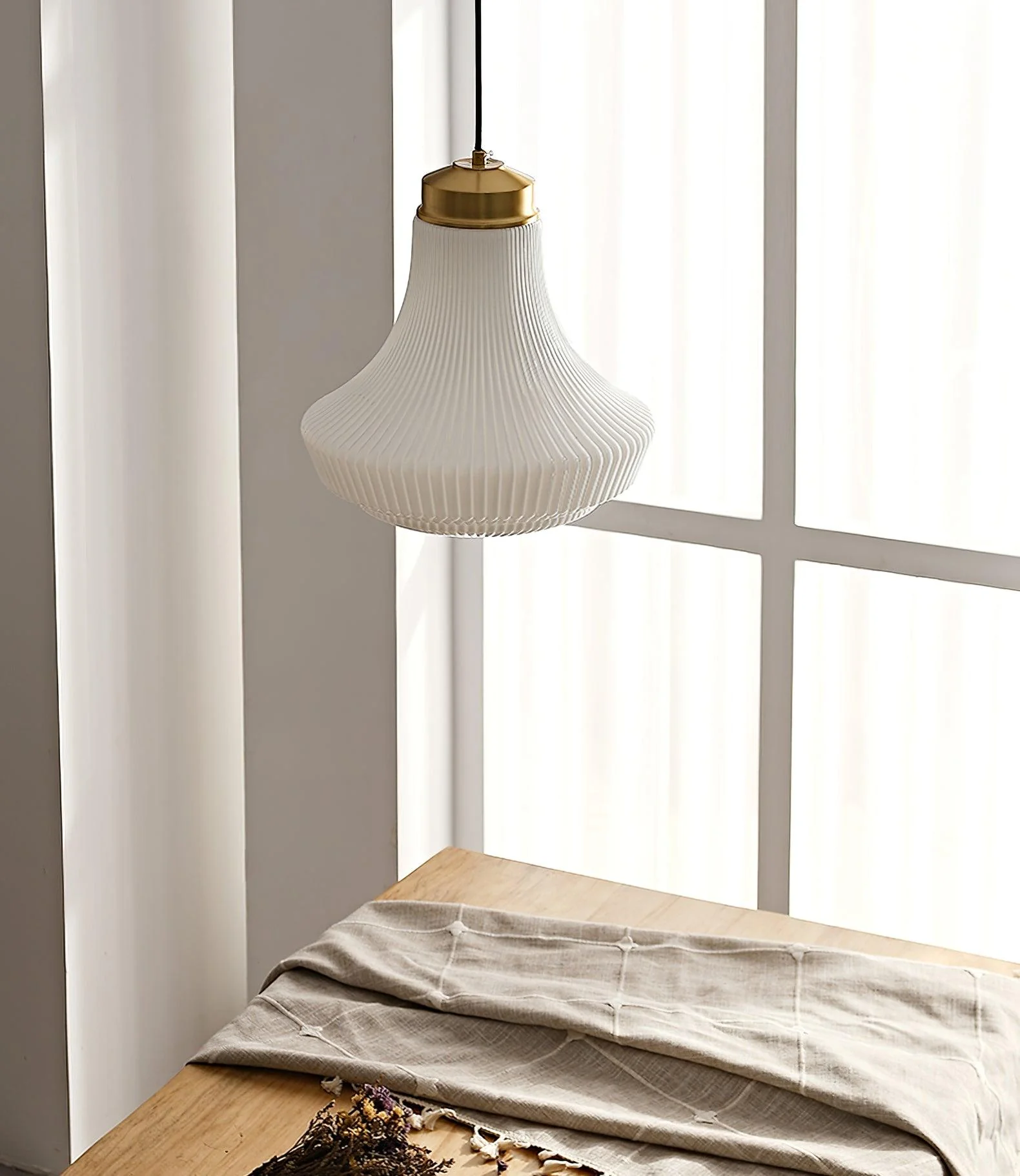 Solara Pendant Lamp Opal Glass Ribbed Bell Brass Vintage - Image 19
