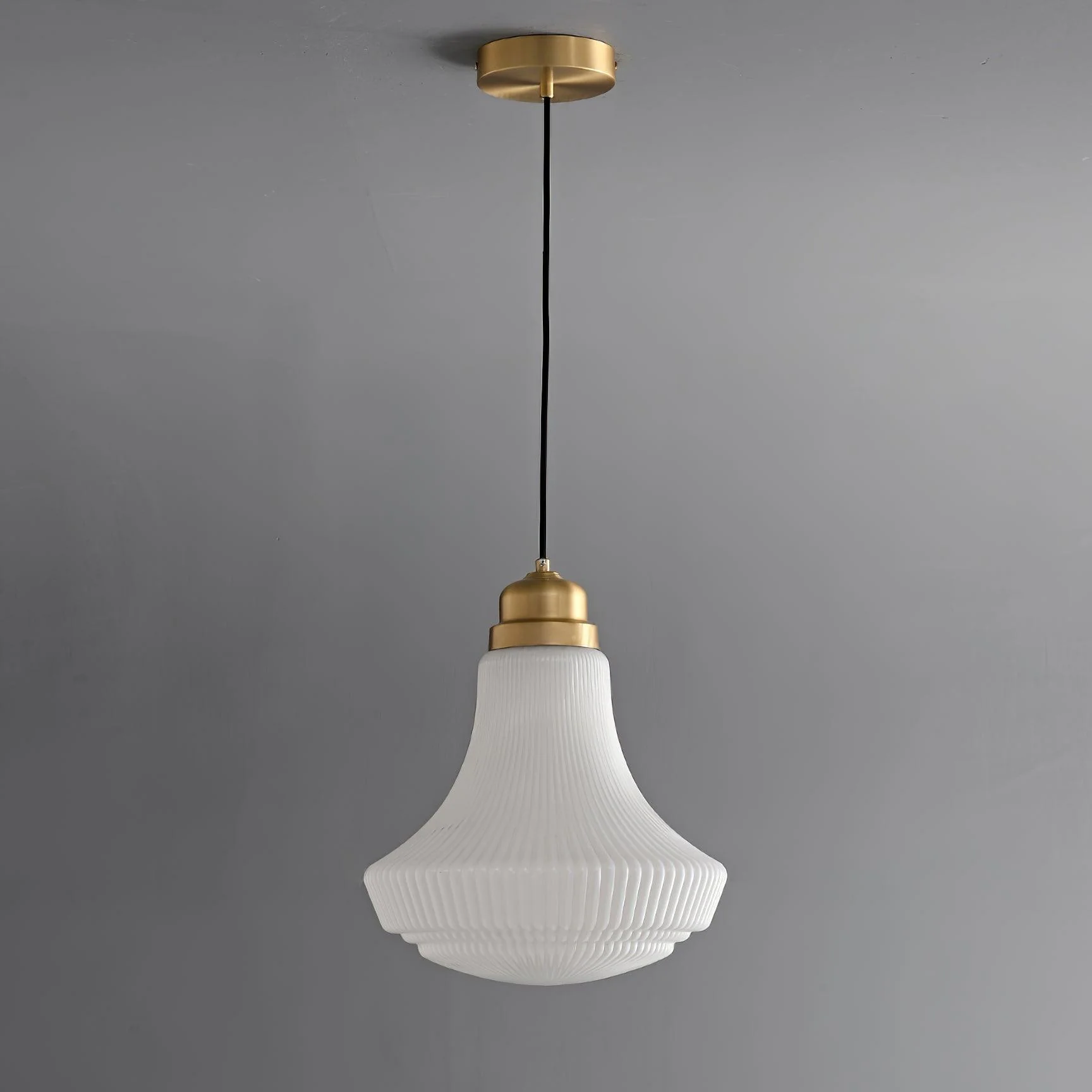Solara Pendant Lamp Opal Glass Ribbed Bell Brass Vintage - Image 2