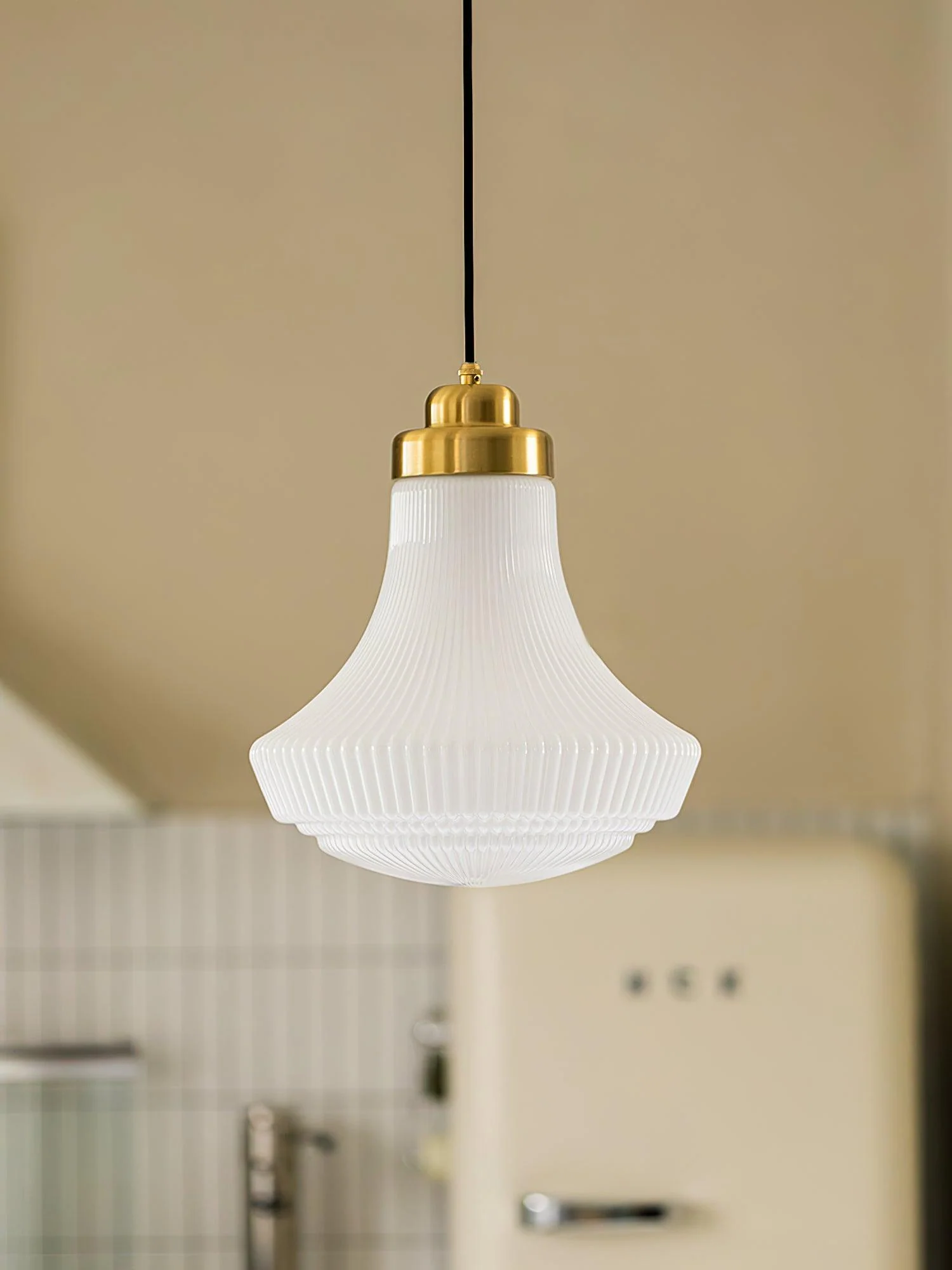 Solara Pendant Lamp Opal Glass Ribbed Bell Brass Vintage - Image 20
