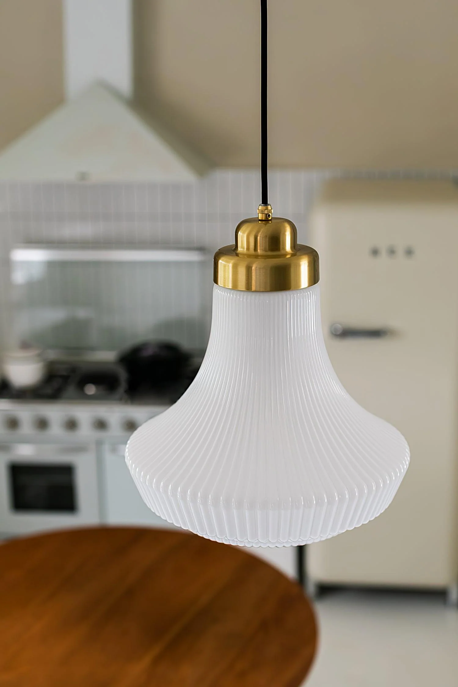 Solara Pendant Lamp Opal Glass Ribbed Bell Brass Vintage - Image 21
