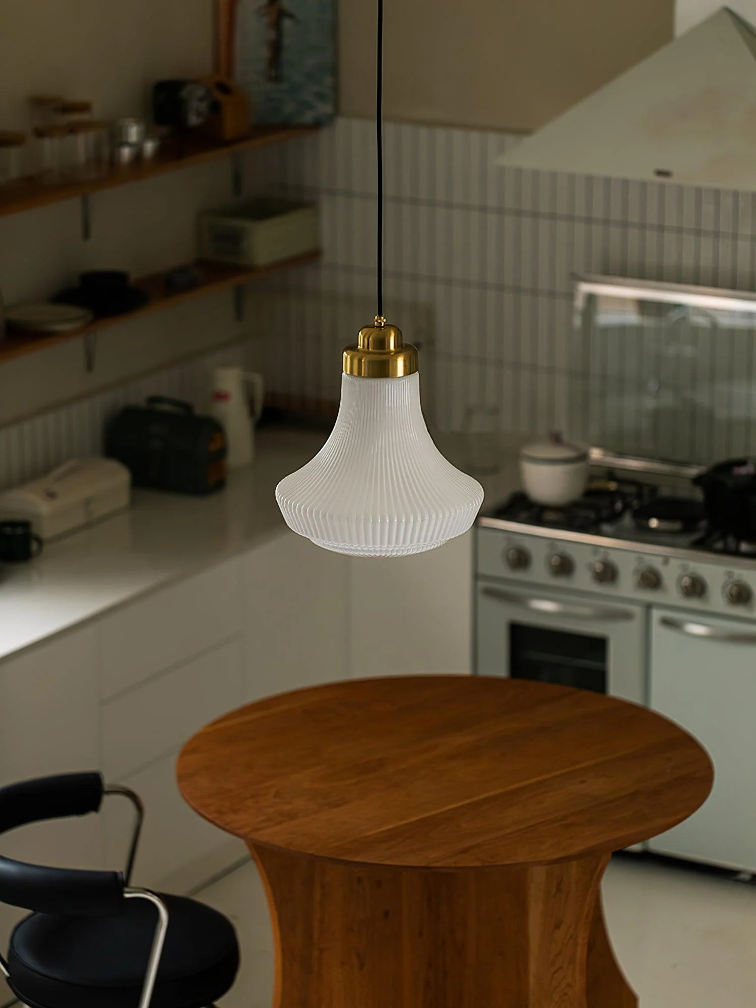 Solara Pendant Lamp Opal Glass Ribbed Bell Brass Vintage - Image 22