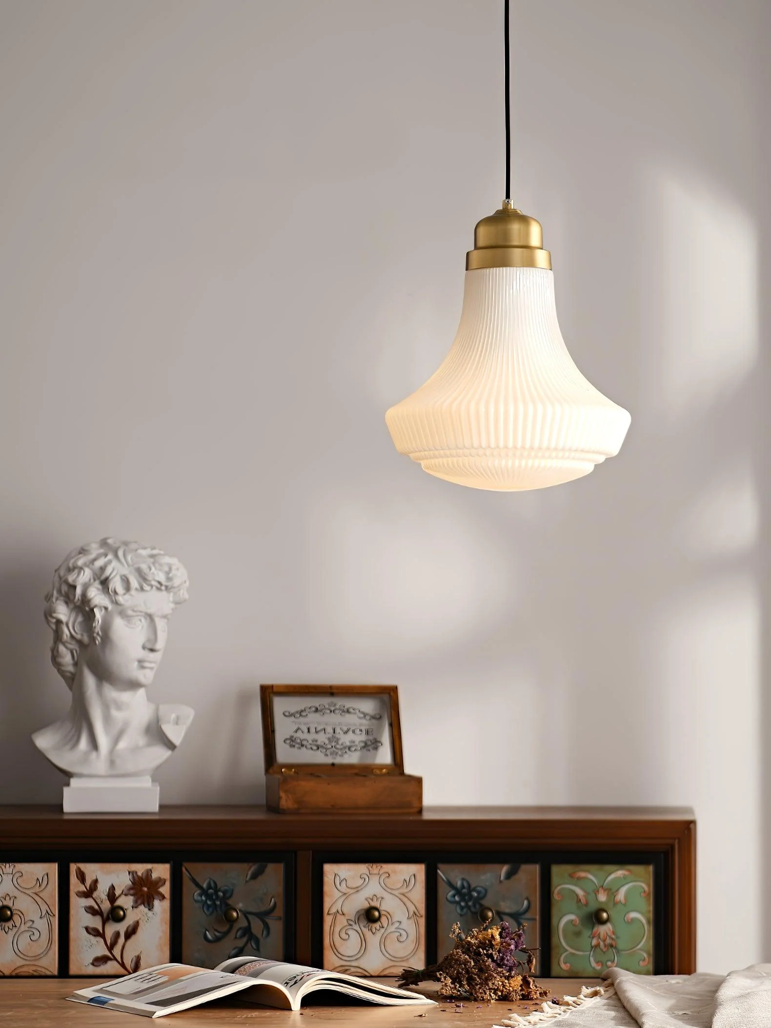 Solara Pendant Lamp Opal Glass Ribbed Bell Brass Vintage - Image 23