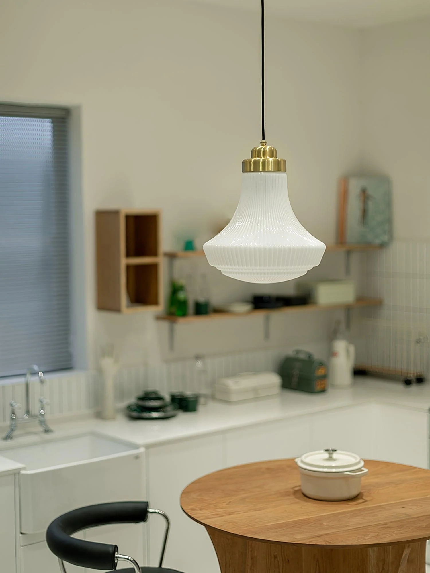 Solara Pendant Lamp Opal Glass Ribbed Bell Brass Vintage - Image 24