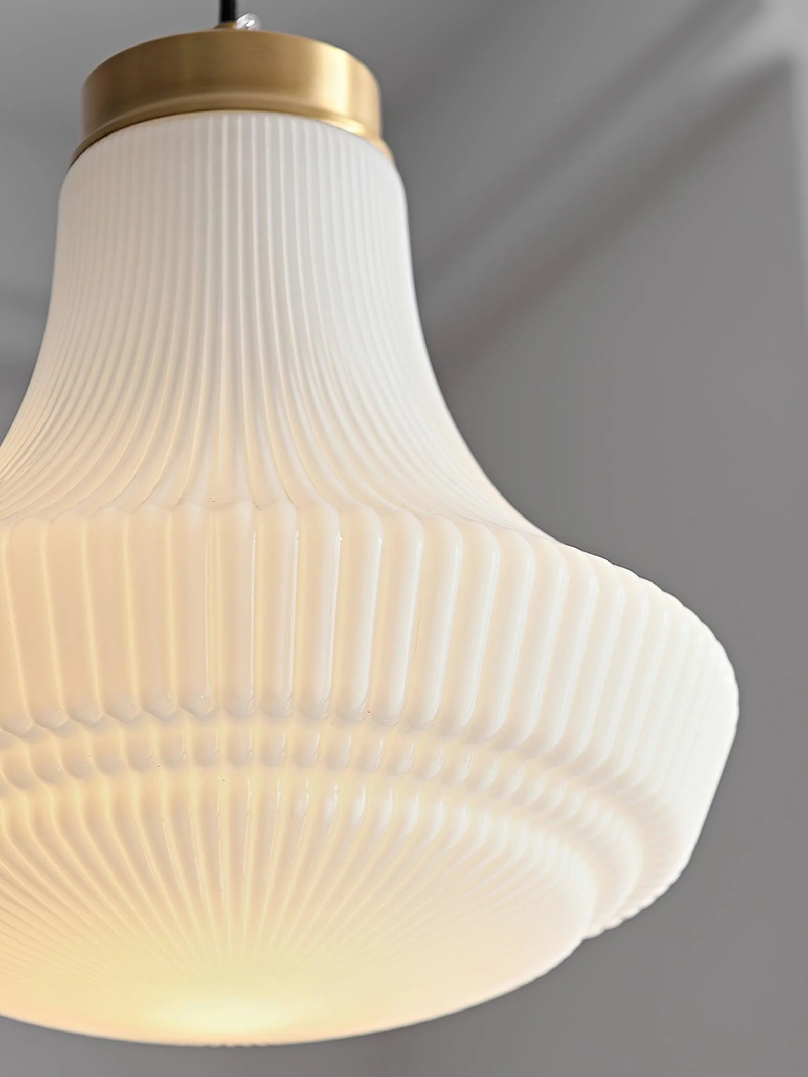 Solara Pendant Lamp Opal Glass Ribbed Bell Brass Vintage - Image 3