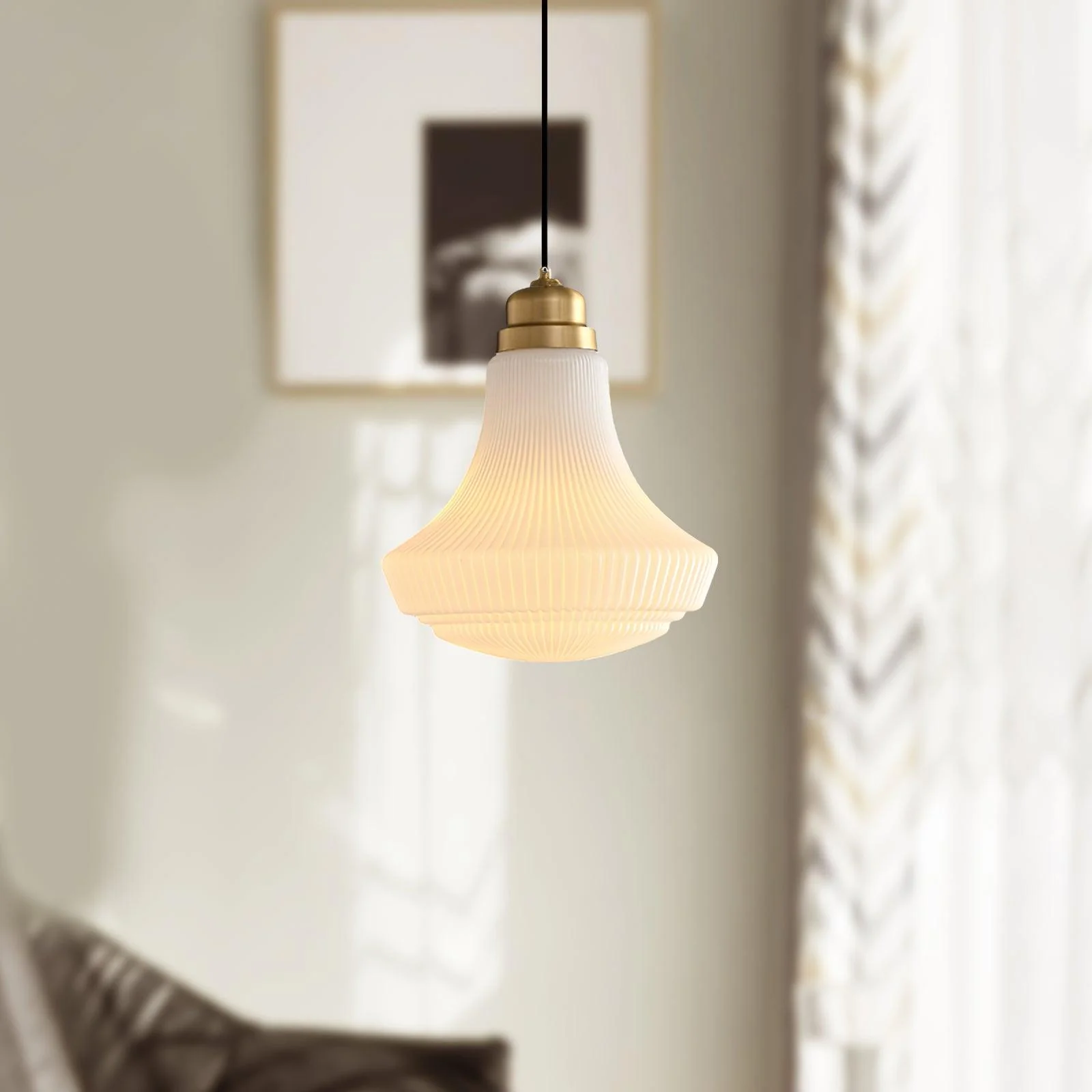 Solara Pendant Lamp Opal Glass Ribbed Bell Brass Vintage - Image 4
