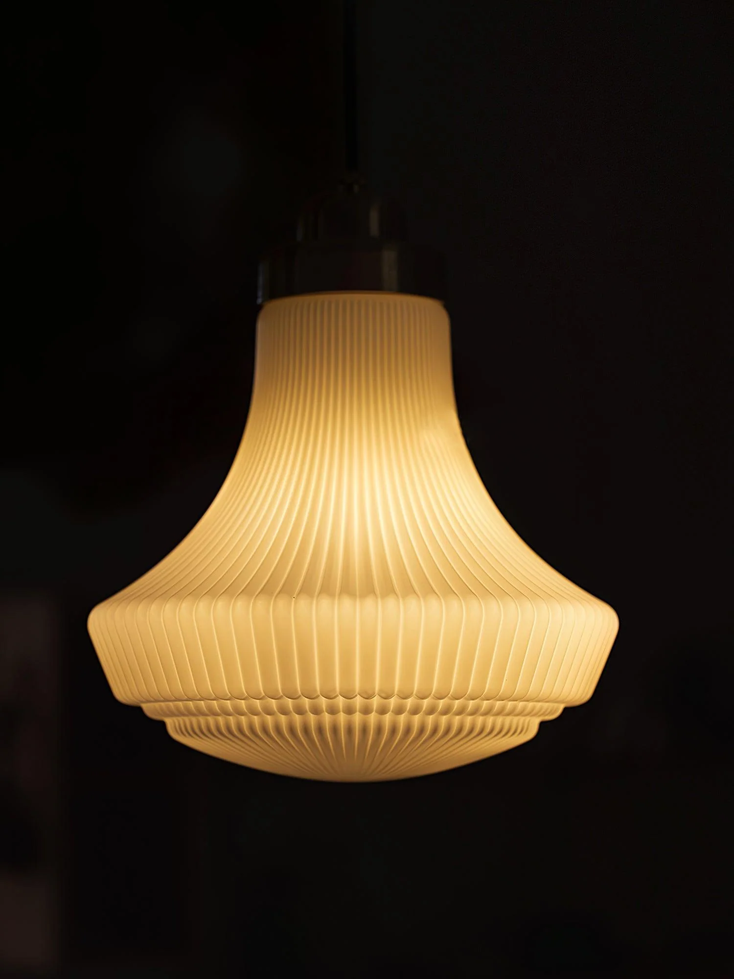 Solara Pendant Lamp Opal Glass Ribbed Bell Brass Vintage - Image 8