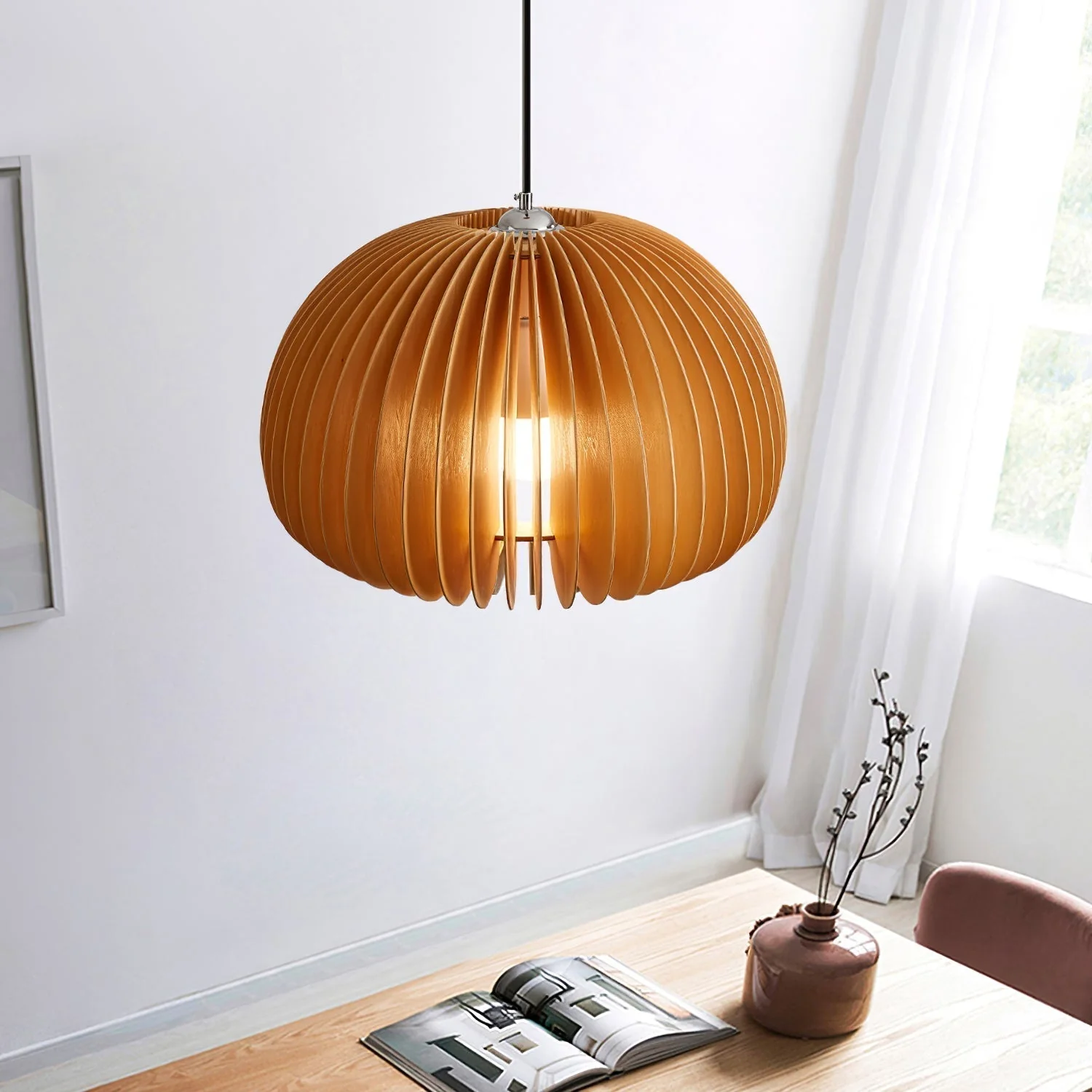 Solara Pendant Lamp Wood Pumpkin Dome Nordic - Image 28