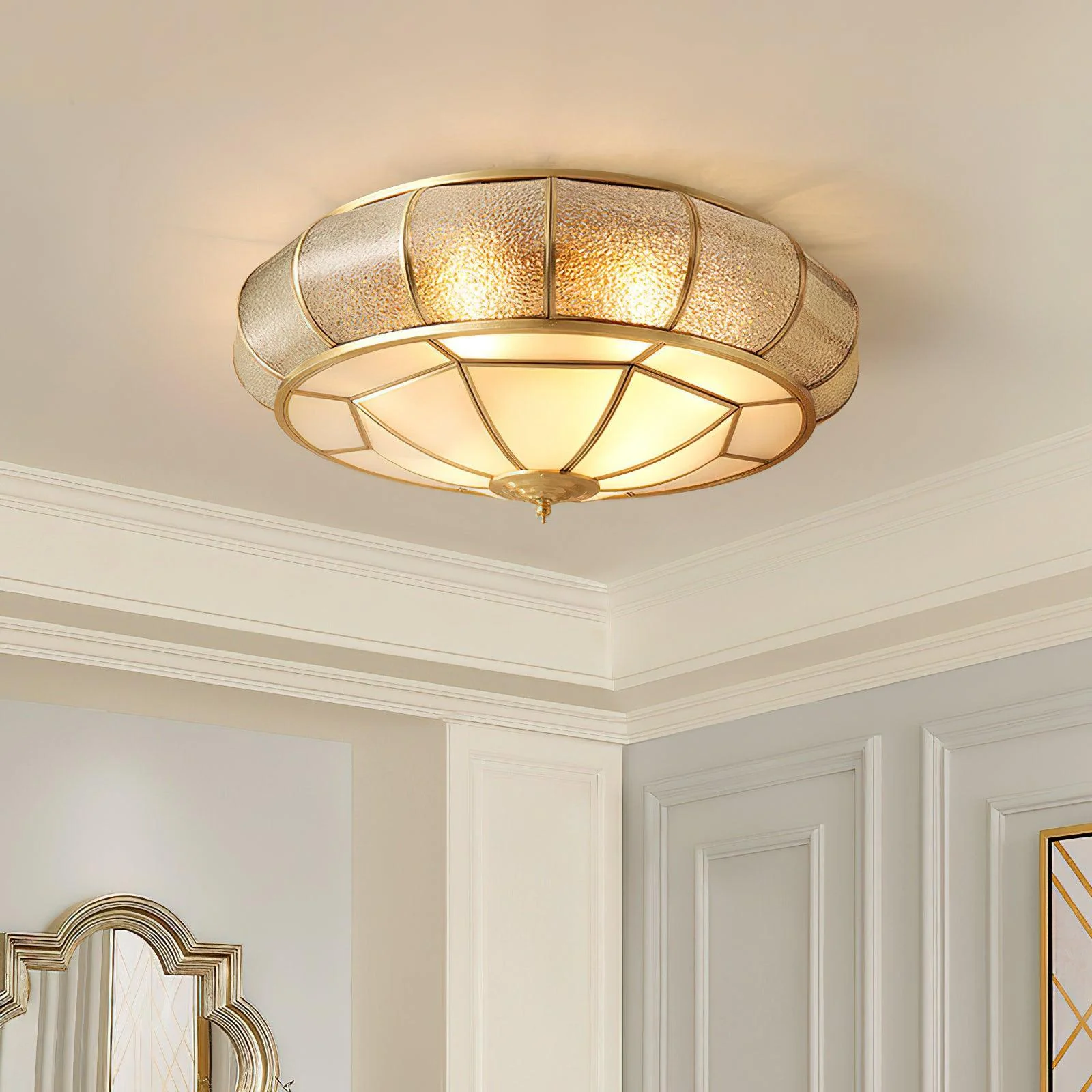 Ulrinara Postmodern Luxury Drum Brass Glass Ceiling Light - Image 4