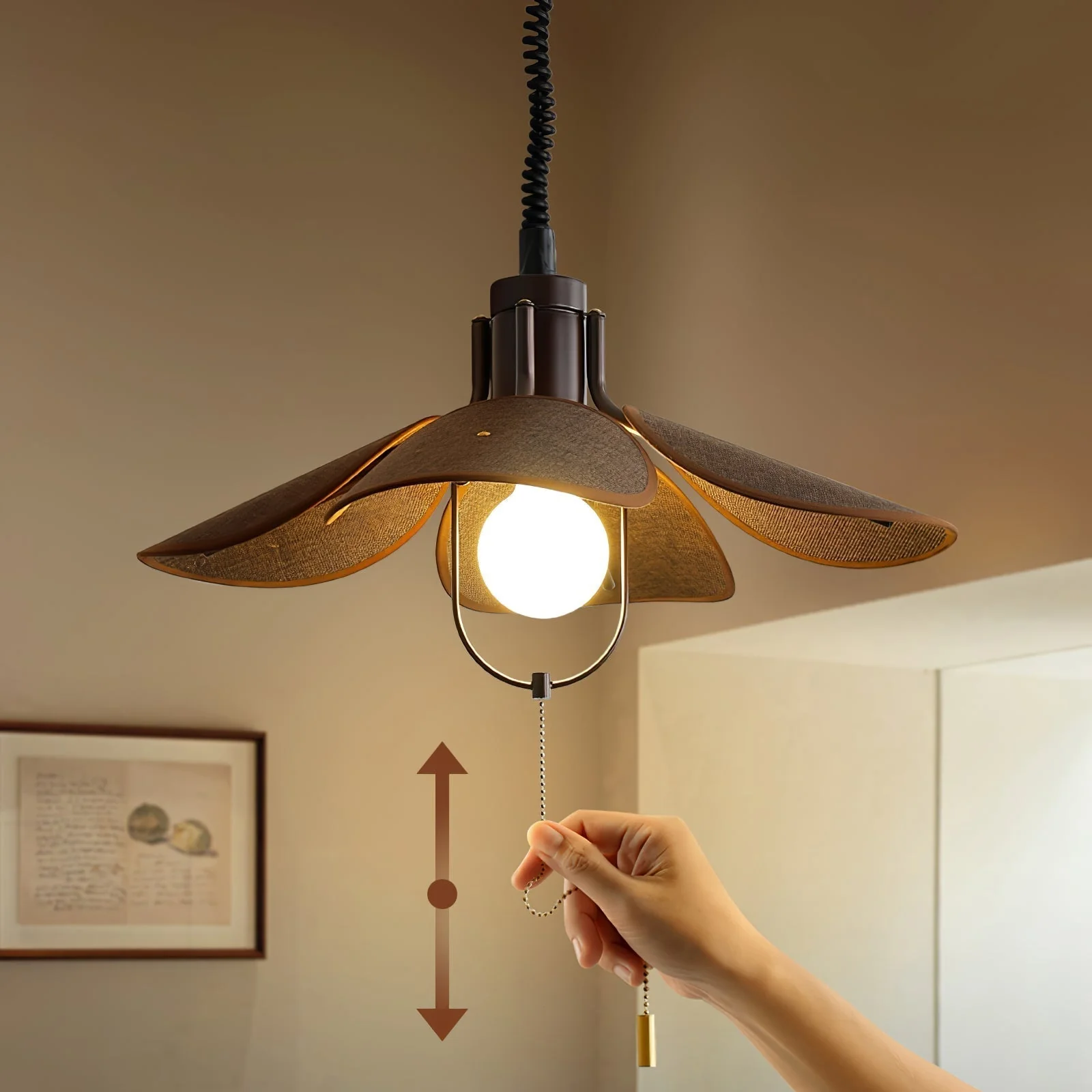 Utalion Traditional Petal Bloom Wood Fabric Pendant Light - Image 13