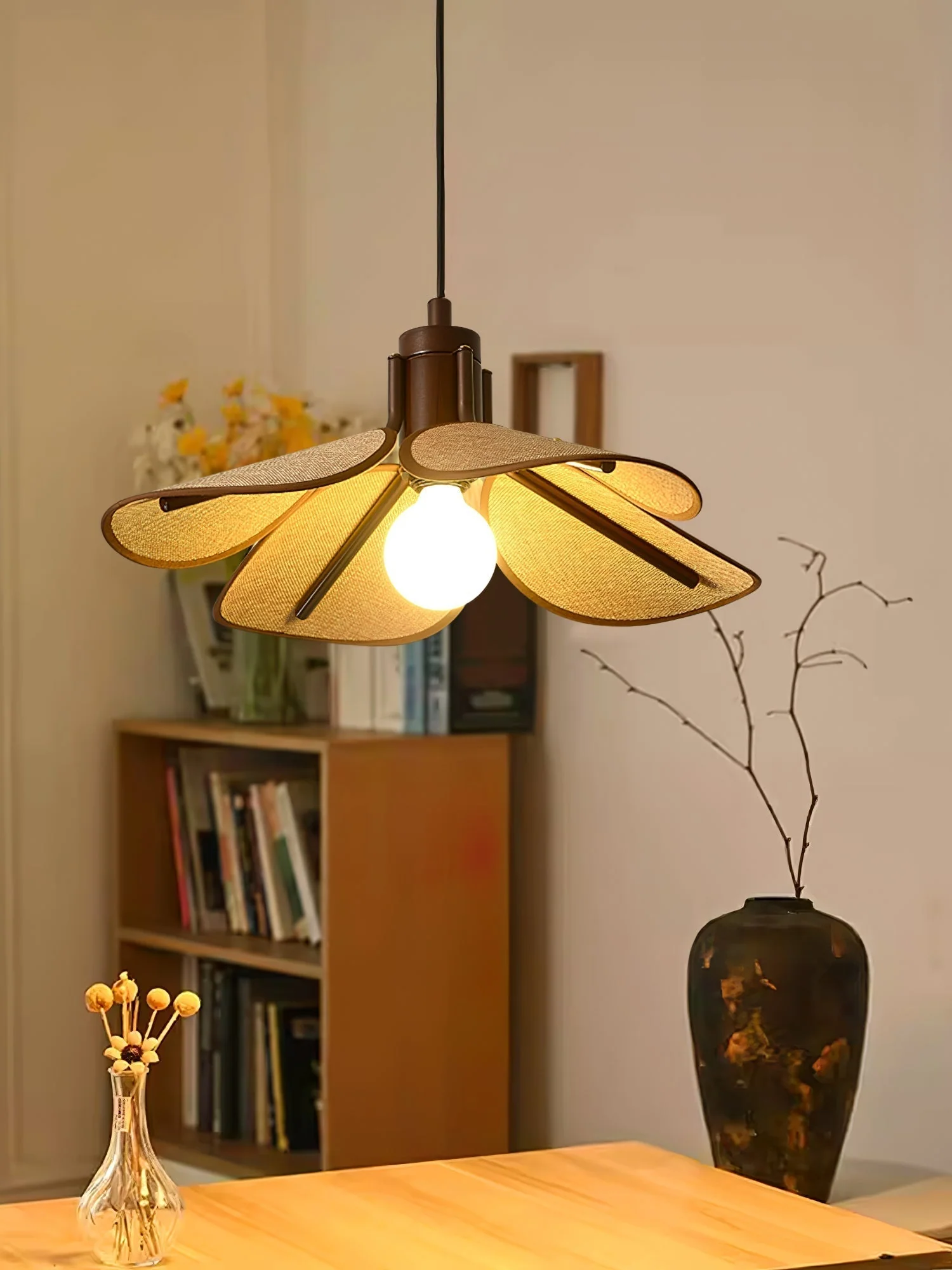 Utalion Traditional Petal Bloom Wood Fabric Pendant Light - Image 8