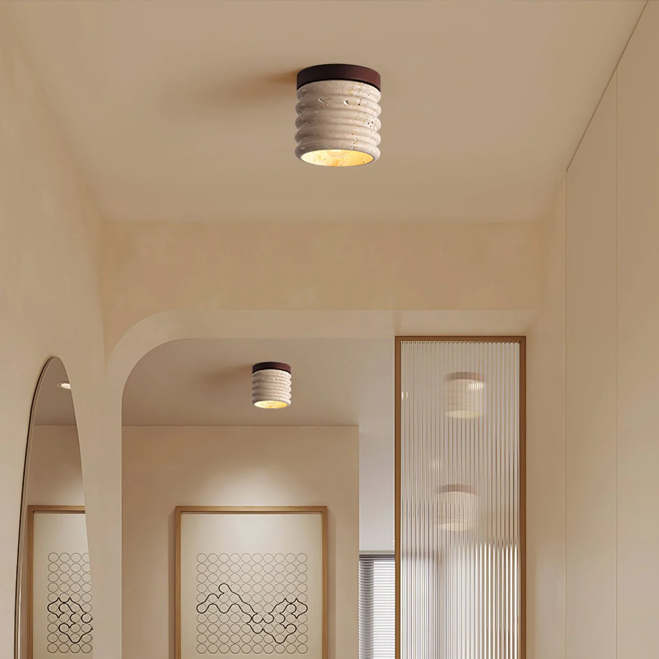 Vomaran Fluted Cylinder Travertine Ceiling Light - Image 6